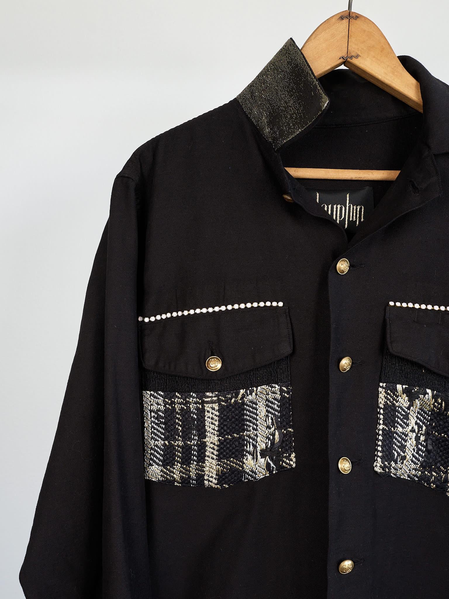 Made out of Vintage Repurposed US Military Jacket dyed in black embellished with Crystal Chain above pockets, and luxurious French Gold Lurex Tweed from Malhia Kent.

Size: L / FR 42 / IT 44 / EU 40 / UK 12
Brand: J Dauphin

Sustainable Luxury,