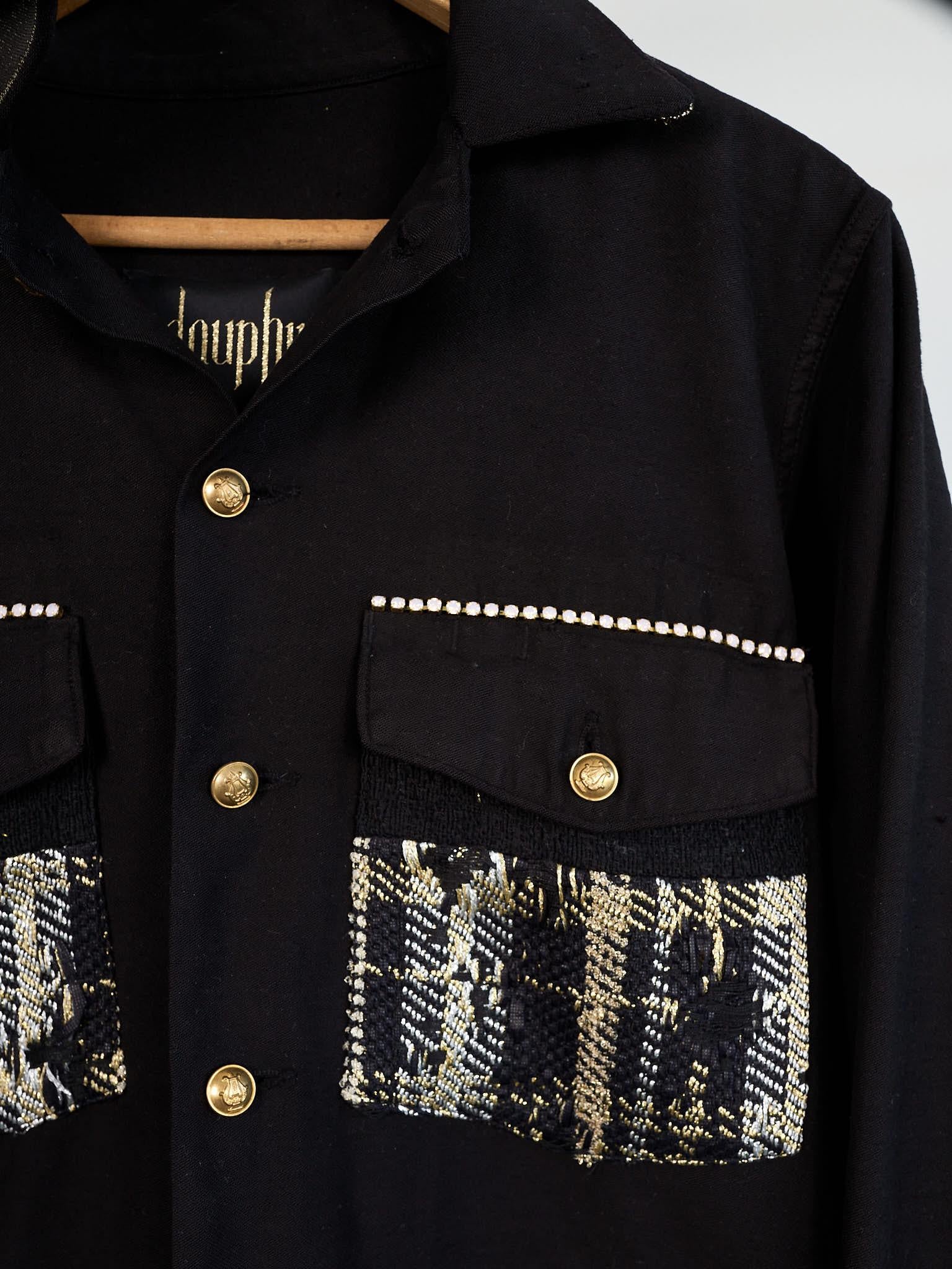 Women's Crystal Embellished Jacket Black Tweed Vintage Repurposed J Dauphin Large