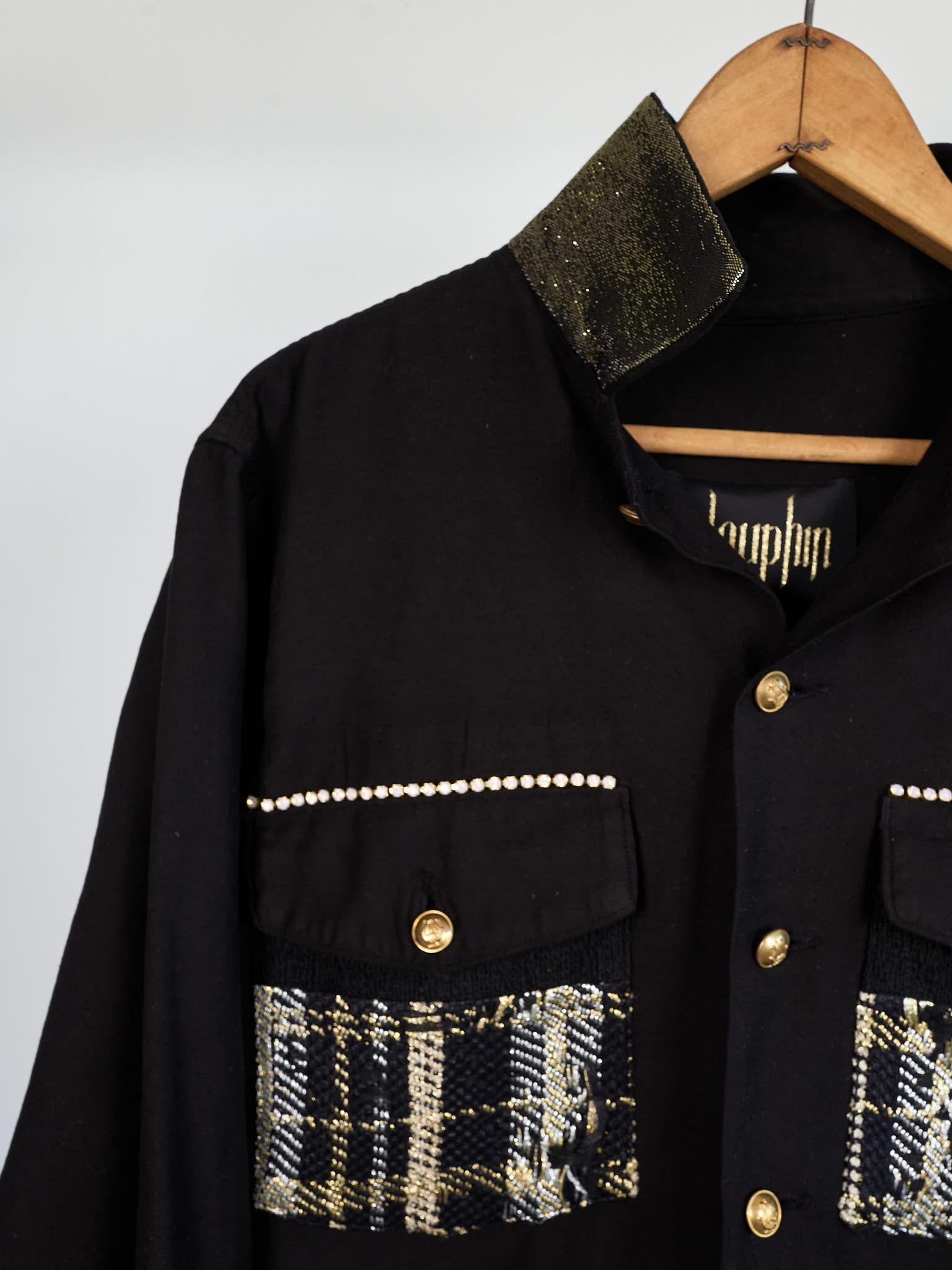 Crystal Embellished Jacket Black Tweed Vintage Repurposed J Dauphin Large 1