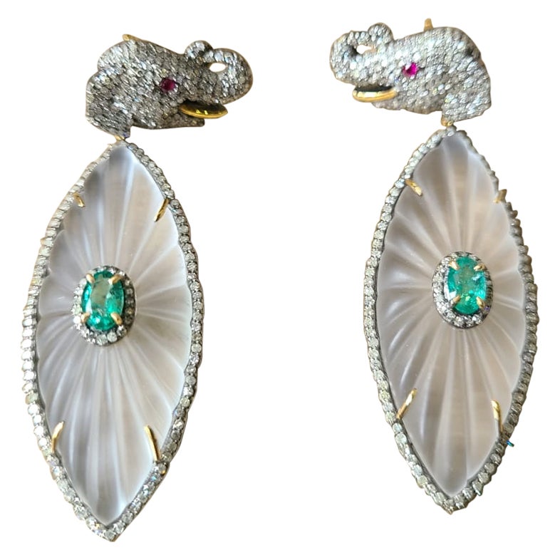 Crystal Emerald & Diamond Chandelier Victorian Earrings Set in 14K Gold & Silver For Sale