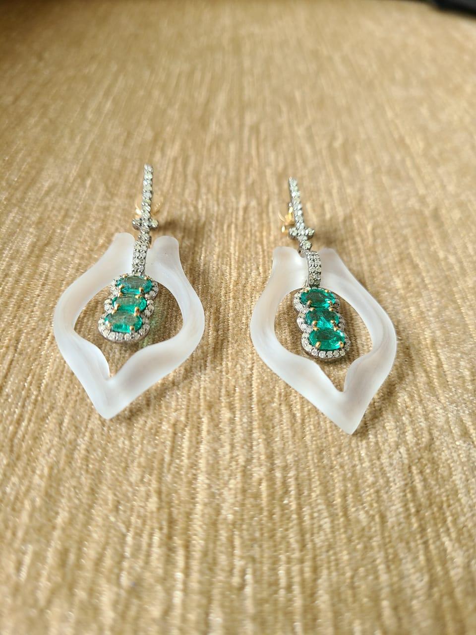 Emerald Cut Crystal, Emerald & Diamond Dangle Victorian Earrings Set in 14K Gold & Silver For Sale