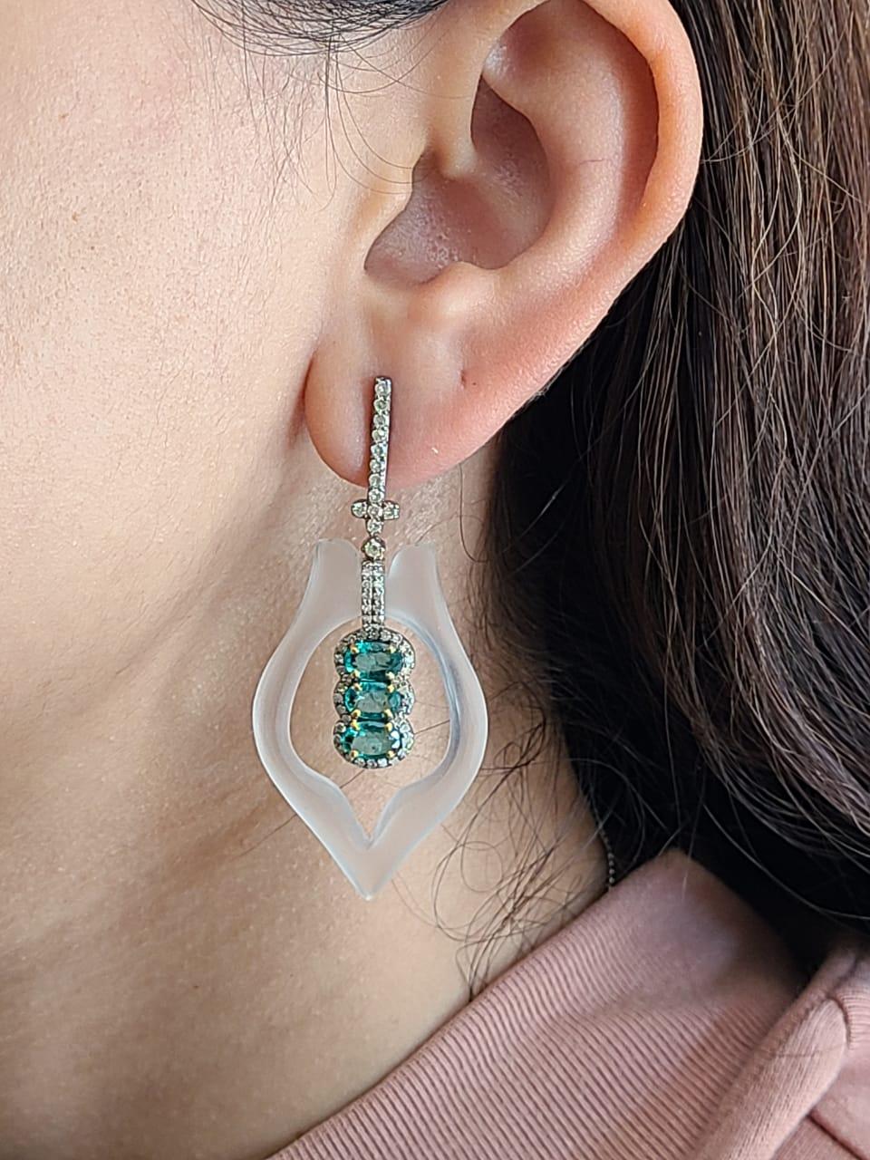 Crystal, Emerald & Diamond Dangle Victorian Earrings Set in 14K Gold & Silver For Sale 1