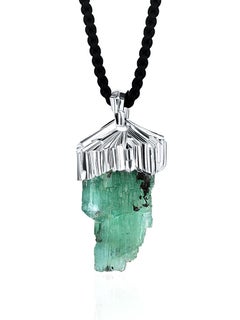 Crystal Emerald Raw Silver Pendant Green Necklace Black Cord gift anniversary
