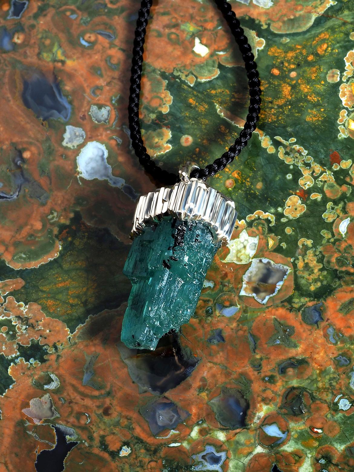 Uncut Crystal Emerald Raw Silver Pendant Green Necklace Black Cord gift anniversary For Sale