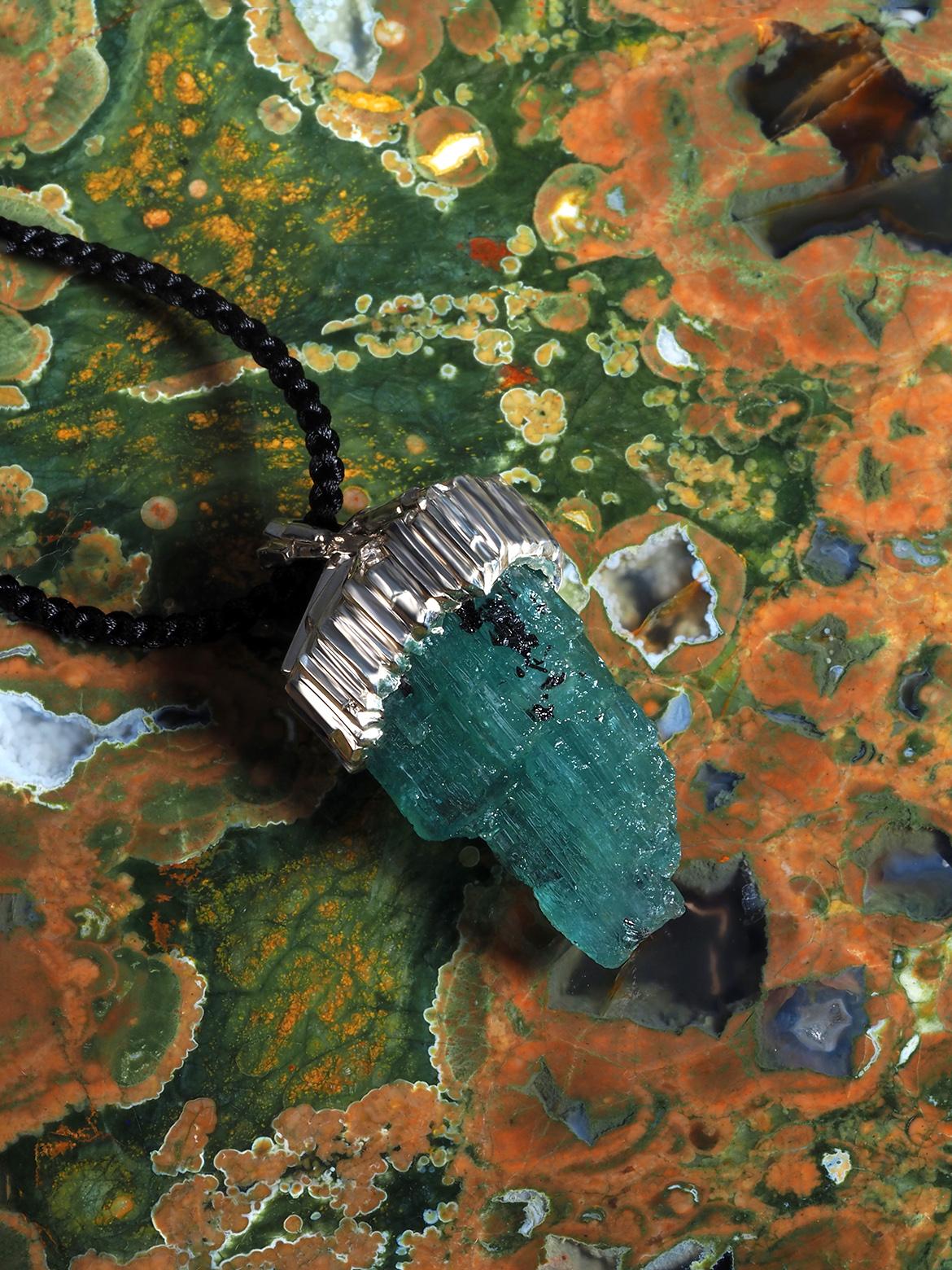 Women's or Men's Crystal Emerald Raw Silver Pendant Green Necklace Black Cord gift anniversary For Sale