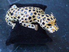 Crystal Enamel Hinged Jaguar Feline Statement Bracelet c 1980s