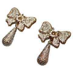 Crystal Encrusted Bow Motif Drop Clip-On Earrings circa 1980s