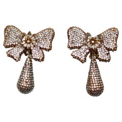 Crystal Encrusted Bow Motif Drop Clip-On Earrings circa 1980s