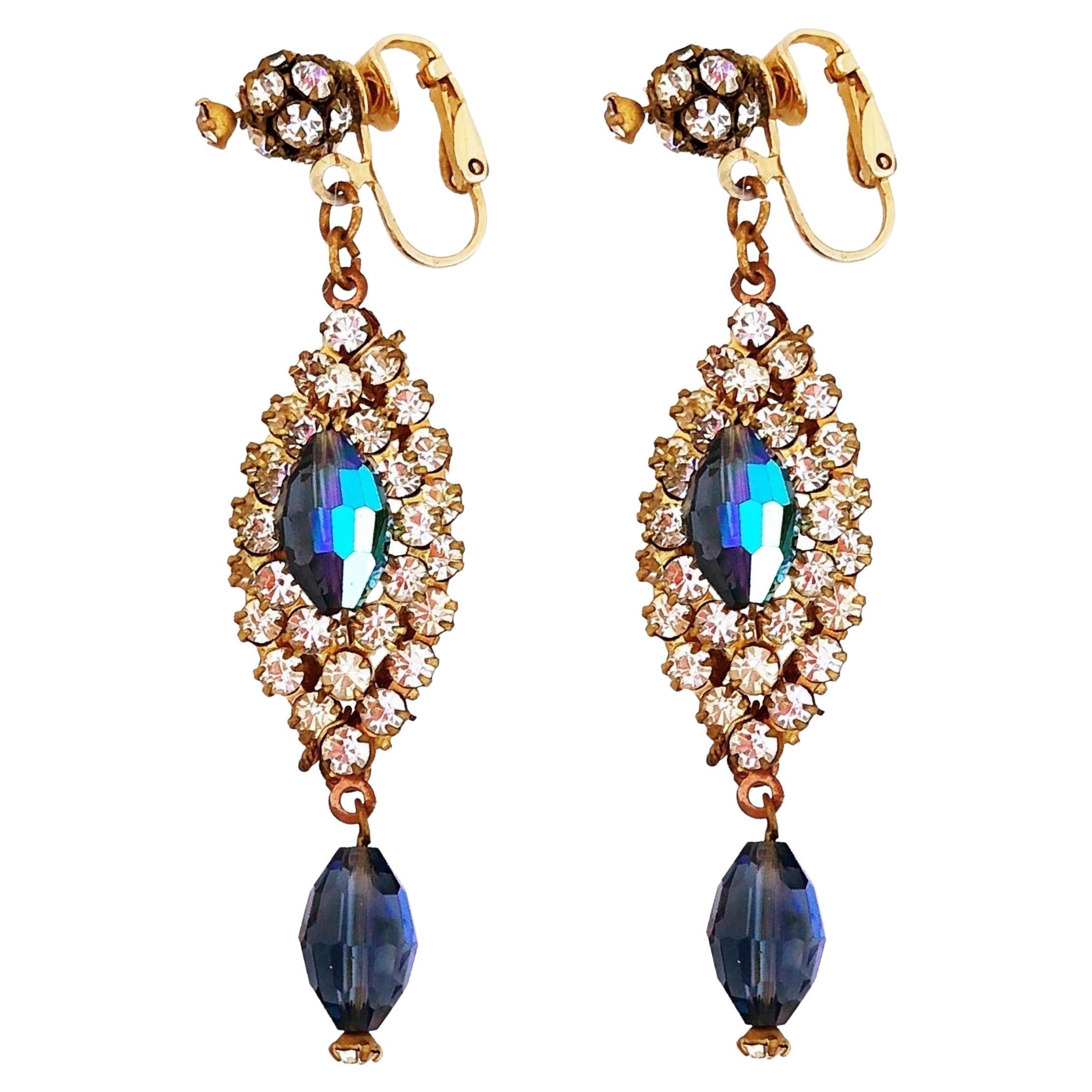 Crystal Encrusted Earrings With Midnight Blue Crystal Accents By Hattie Carnegie For Sale