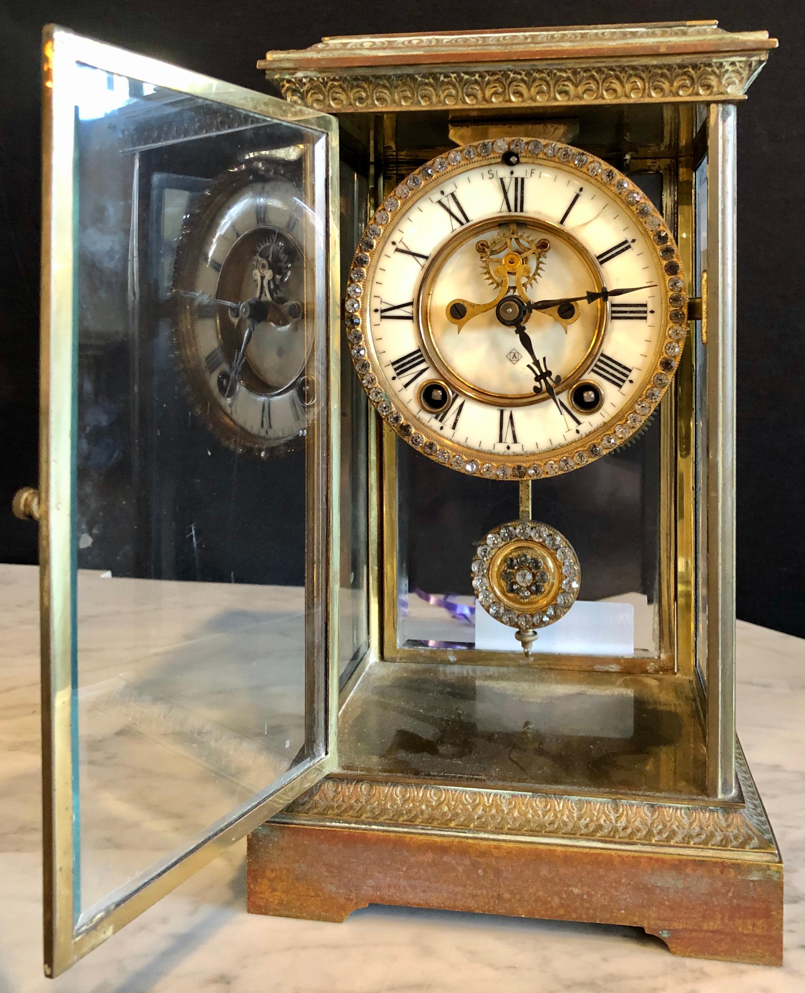 Brass Crystal Face and Pendulum Clock Made by Ansonia Clock of New York For Sale