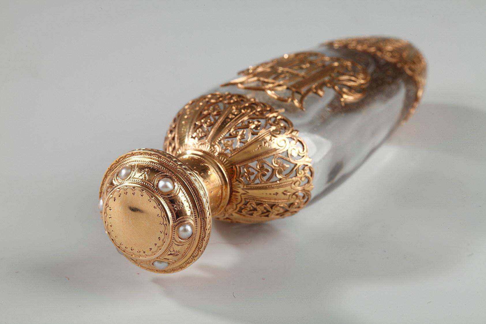 Women's or Men's Crystal Flask with Gold and Pearls, Late 19th Century Work For Sale
