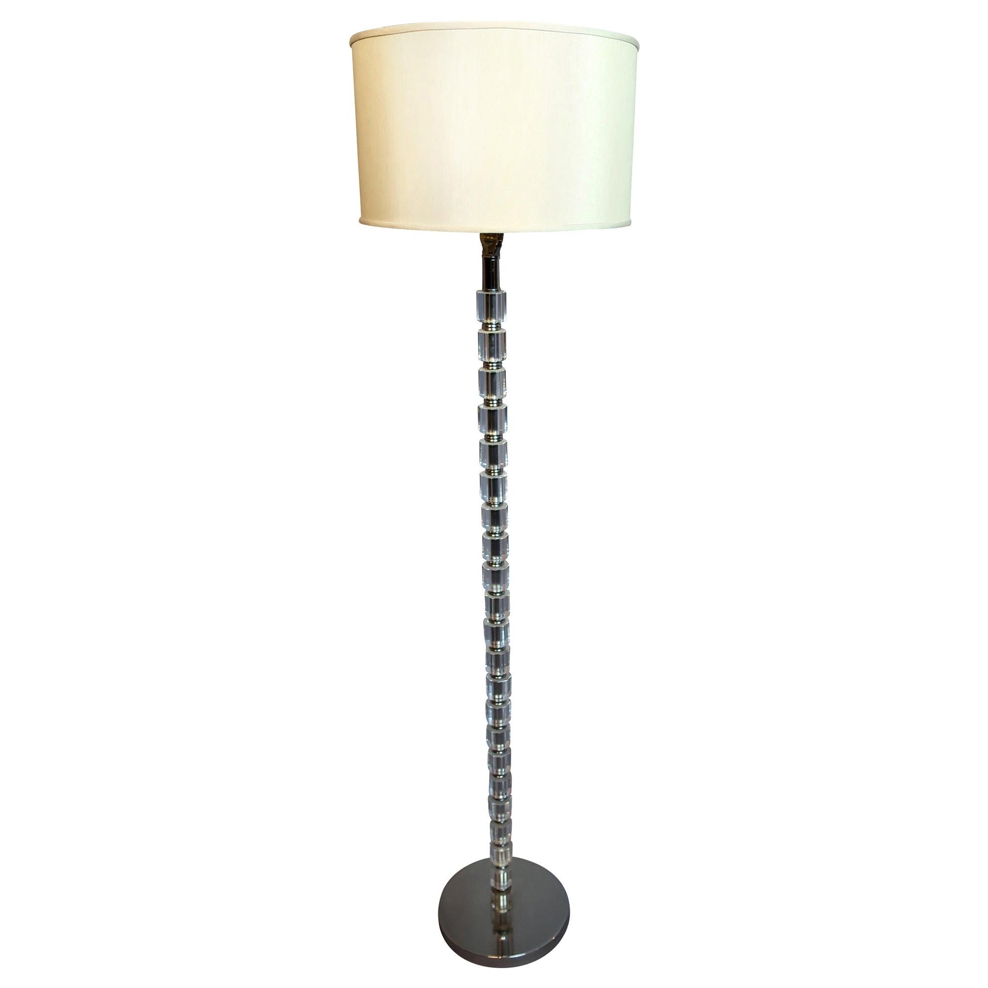 Crystal Floor Lamp with Faceted Glass Pole and Chrome Base For Sale