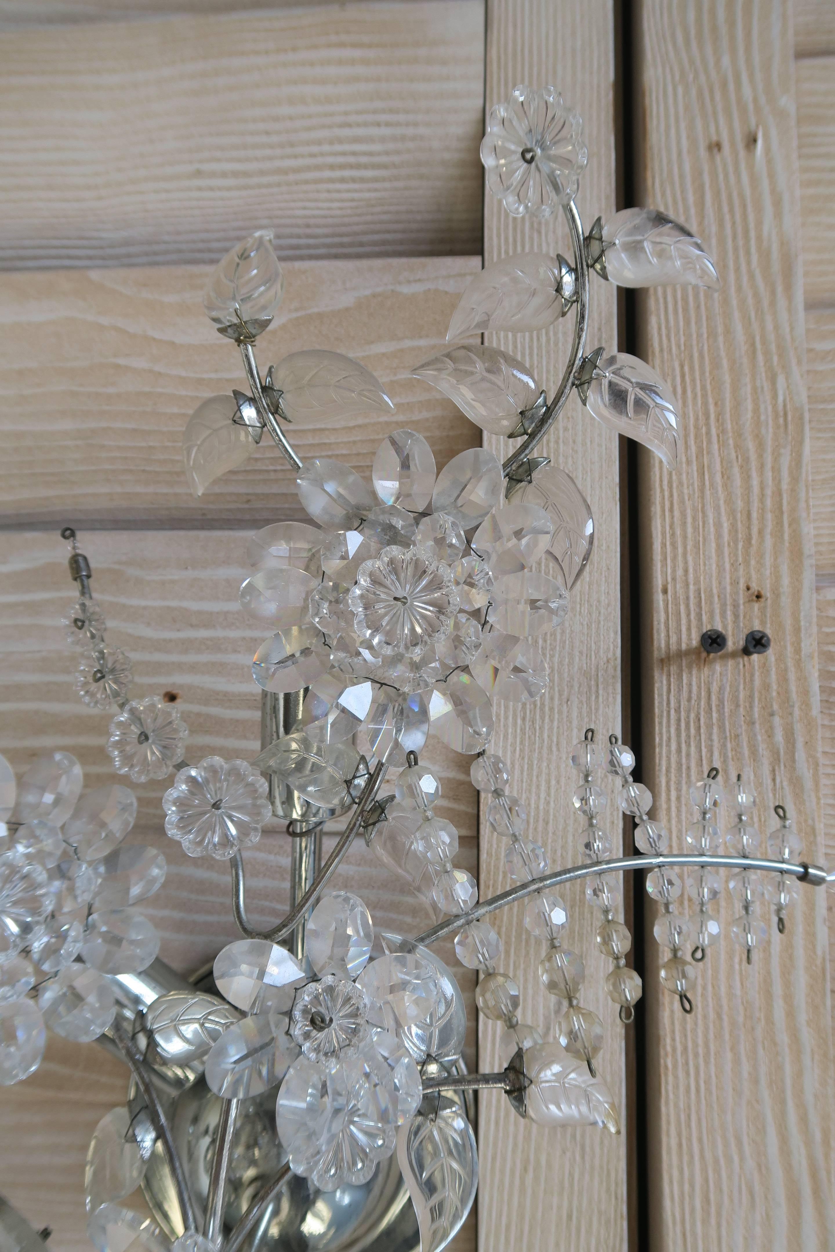 20th Century Crystal Floral Sconces circa 1930s, Pair