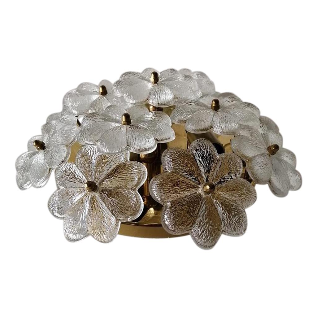 Crystal Flower Glass and Brass Ceiling Lamp by Ernst Palme, 1970s, Germany