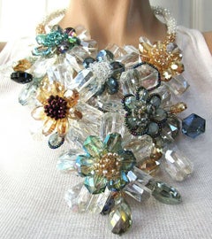Crystal Flowers and Wrapped Wire Collar Bib Statement Necklace