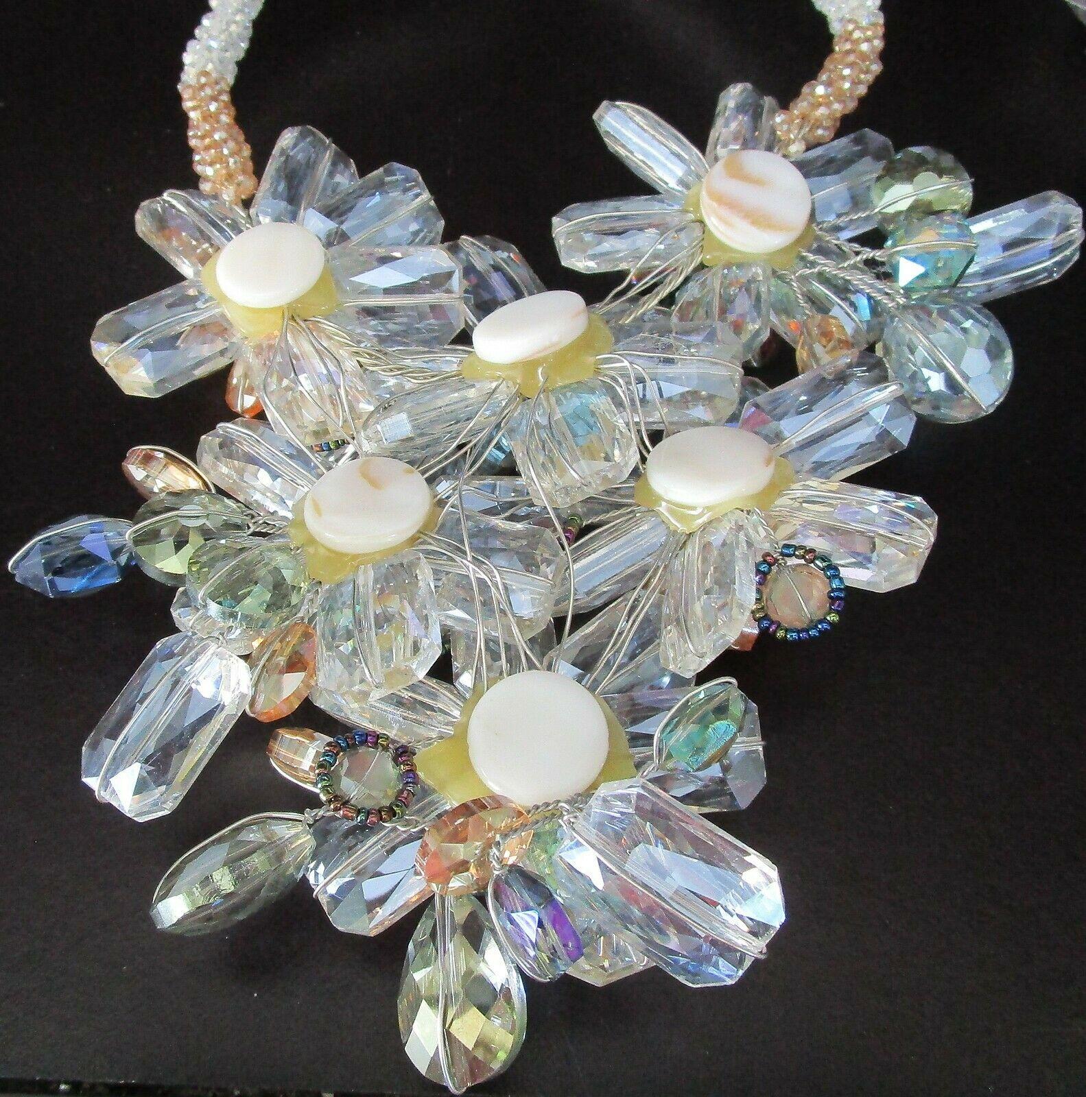 Contemporary Crystal Flowers and Wrapped Wire Collar Bib Statement Necklace  