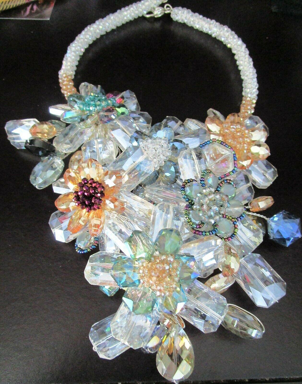 Mixed Cut Crystal Flowers and Wrapped Wire Collar Bib Statement Necklace  