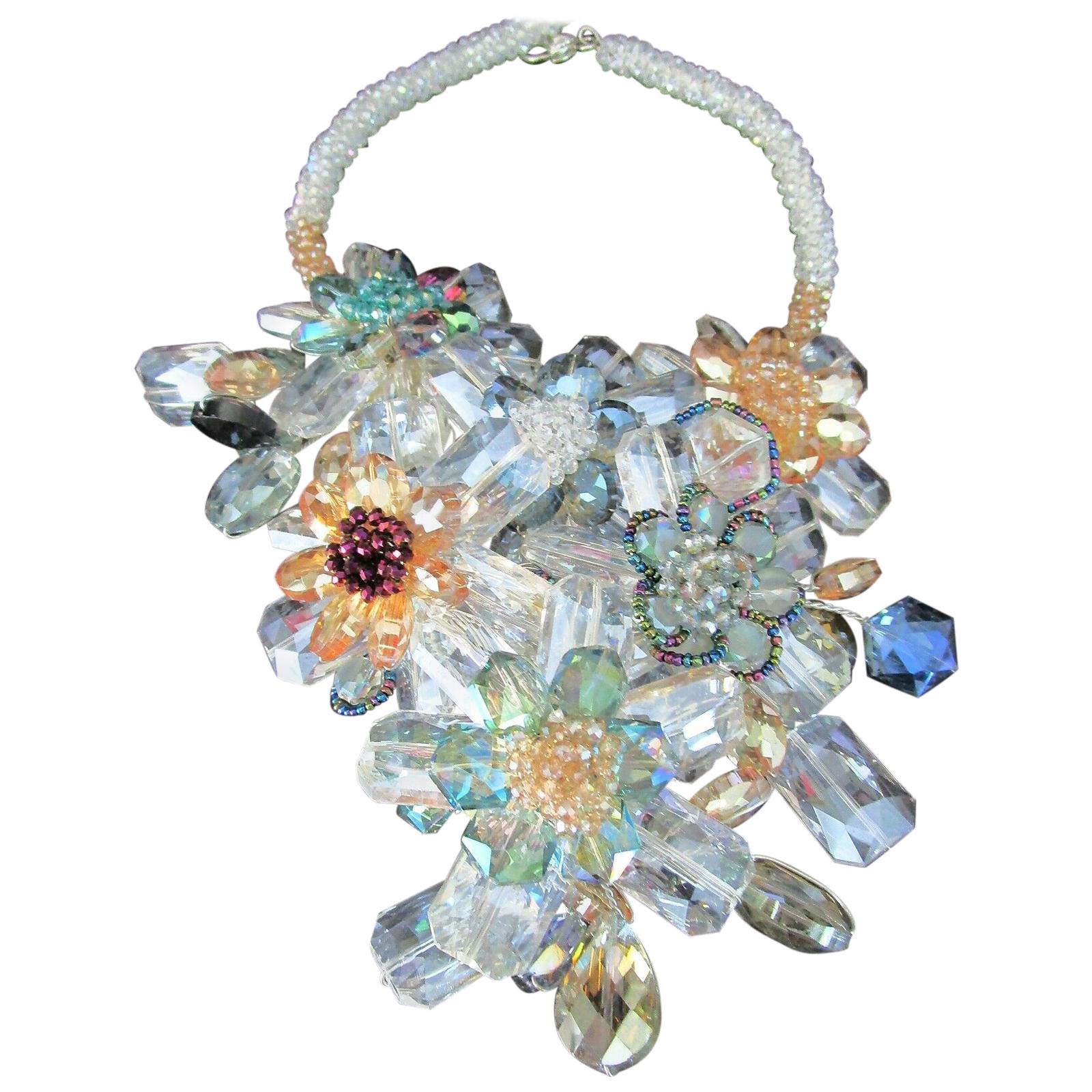 Crystal Flowers and Wrapped Wire Collar Bib Statement Necklace  