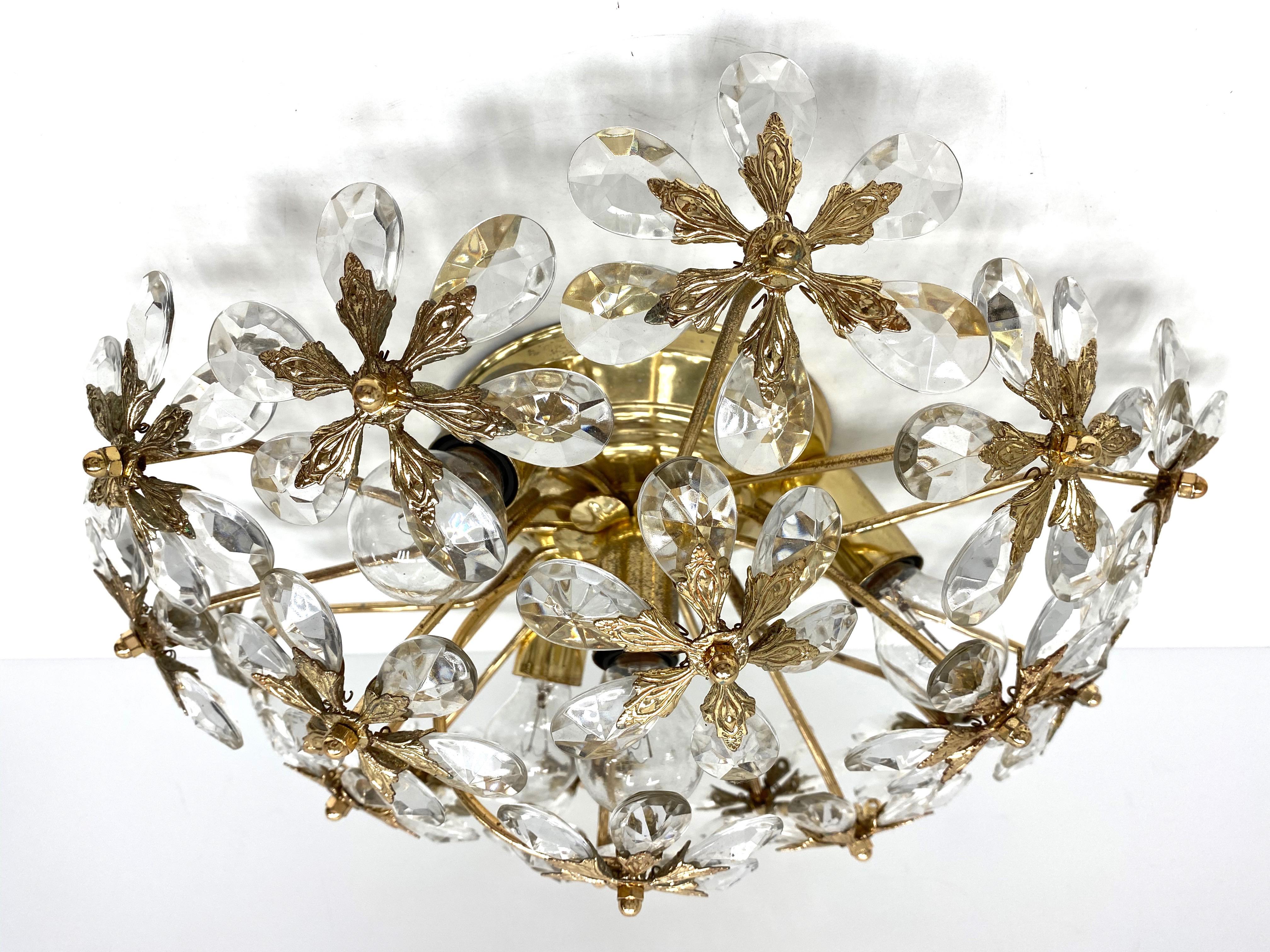 Hollywood Regency Crystal Flowers Glass Flush mount by Palwa Germany, Midcentury, German, 1960s