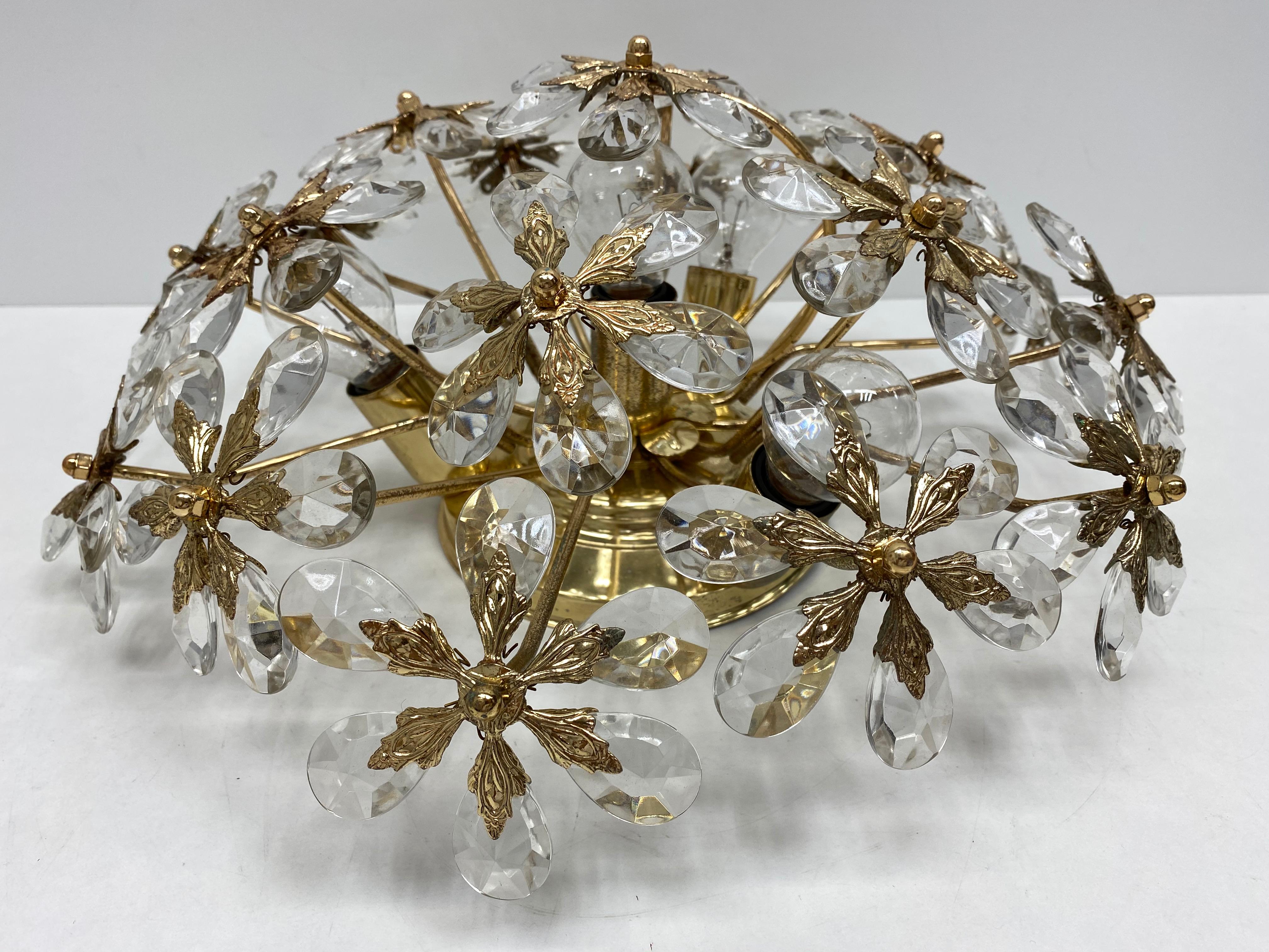 Metal Crystal Flowers Glass Flush mount by Palwa Germany, Midcentury, German, 1960s