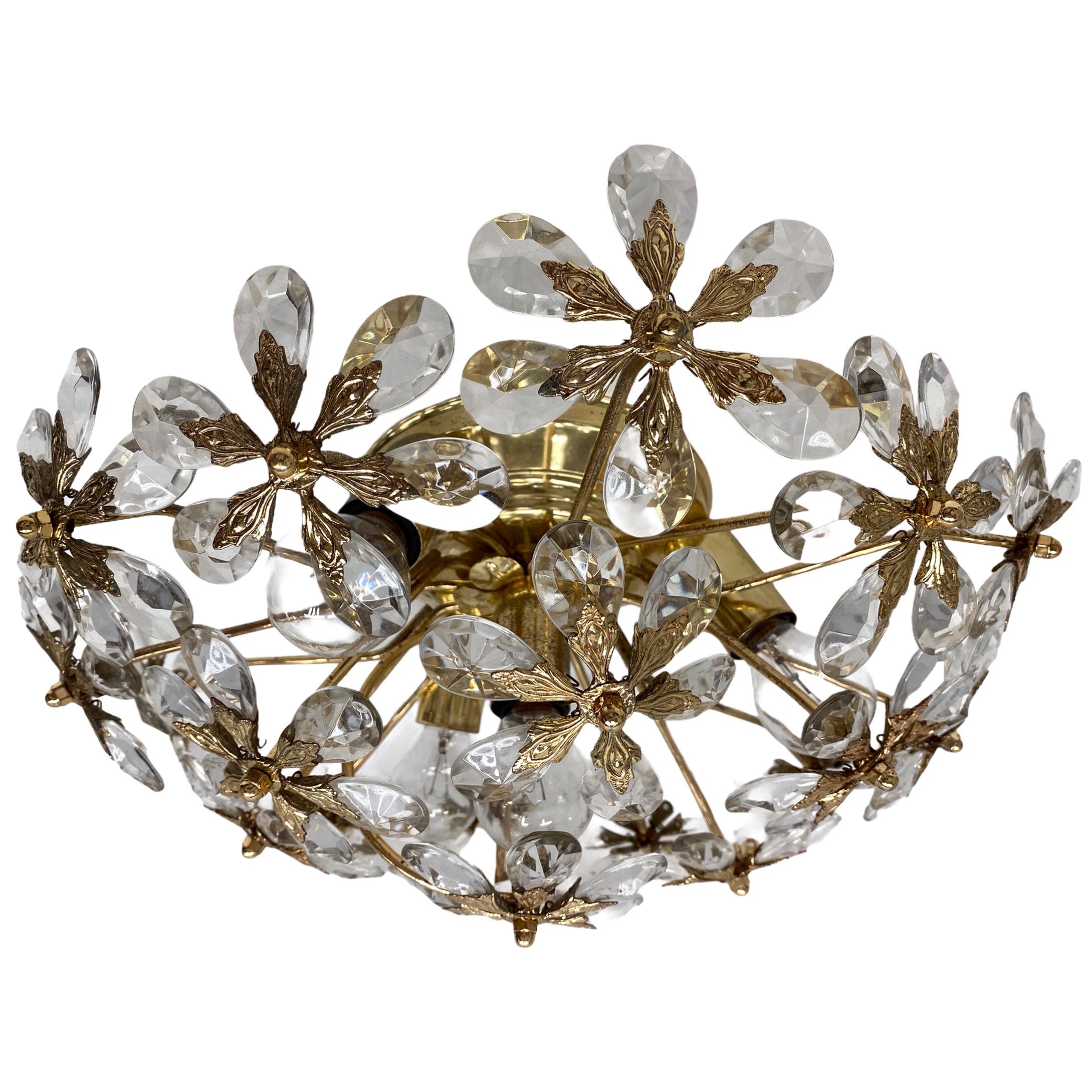Crystal Flowers Glass Flush mount by Palwa Germany, Midcentury, German, 1960s
