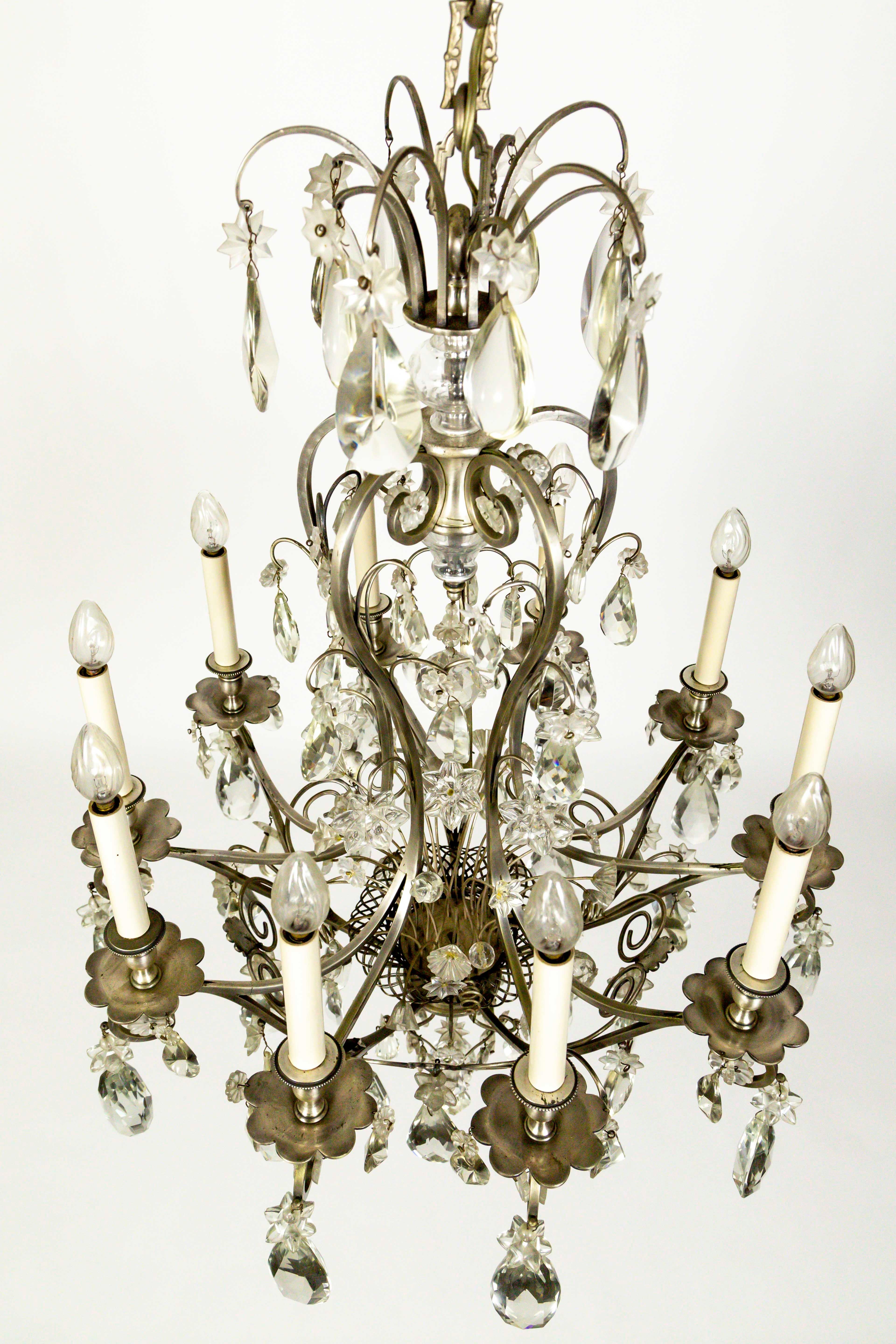 French Crystal Flowers in Woven Basket Chandelier For Sale
