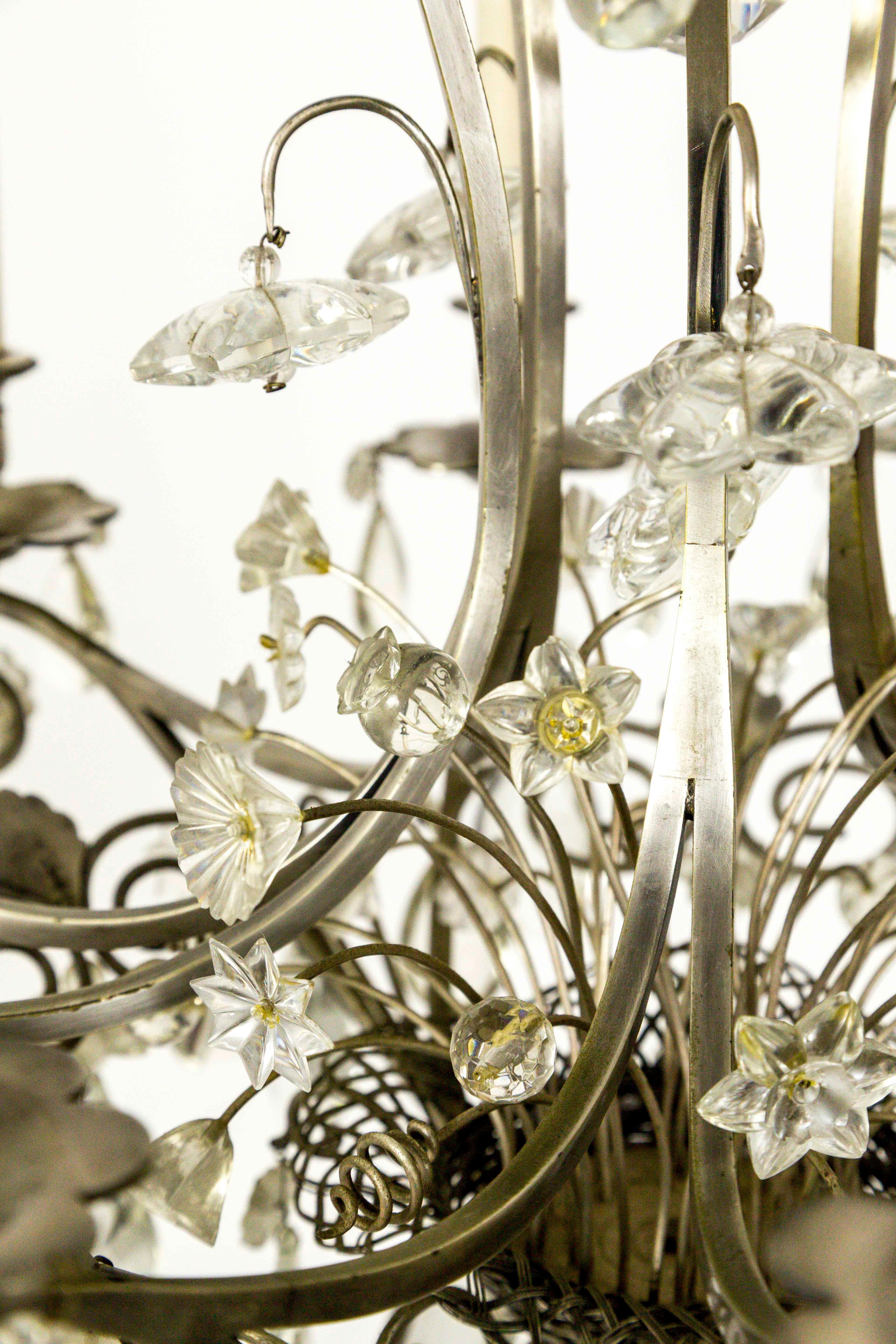 Metal Crystal Flowers in Woven Basket Chandelier For Sale