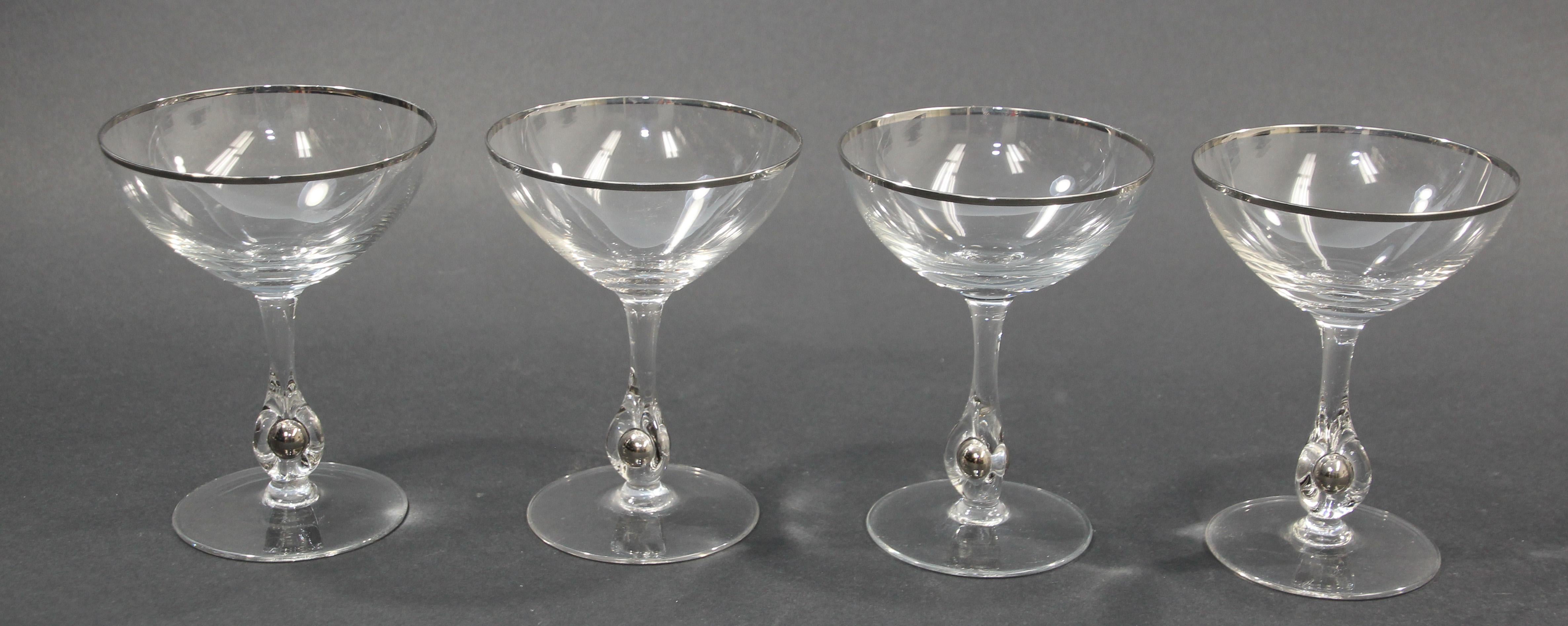 Crystal Footed Champagne Glasses with Silver Rim For Sale 2