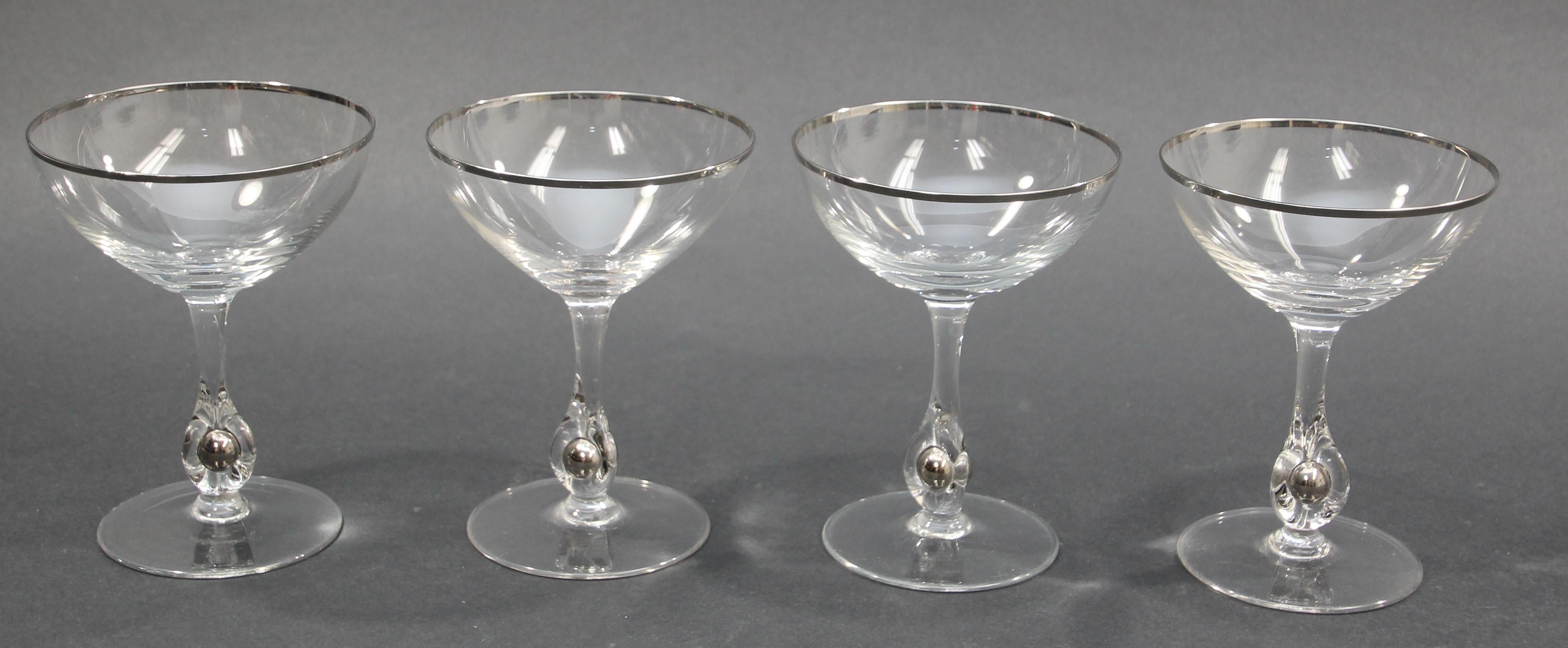 Crystal Footed Champagne Glasses with Silver Rim For Sale 3