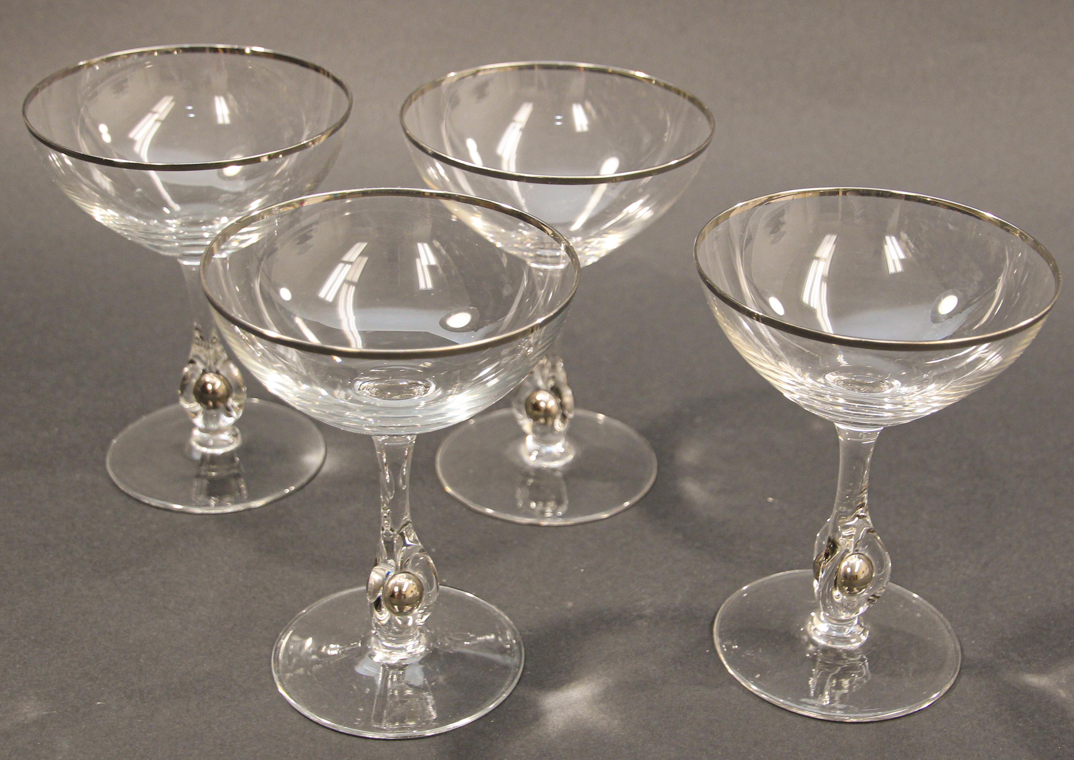 Crystal Footed Champagne Glasses with Silver Rim For Sale 4