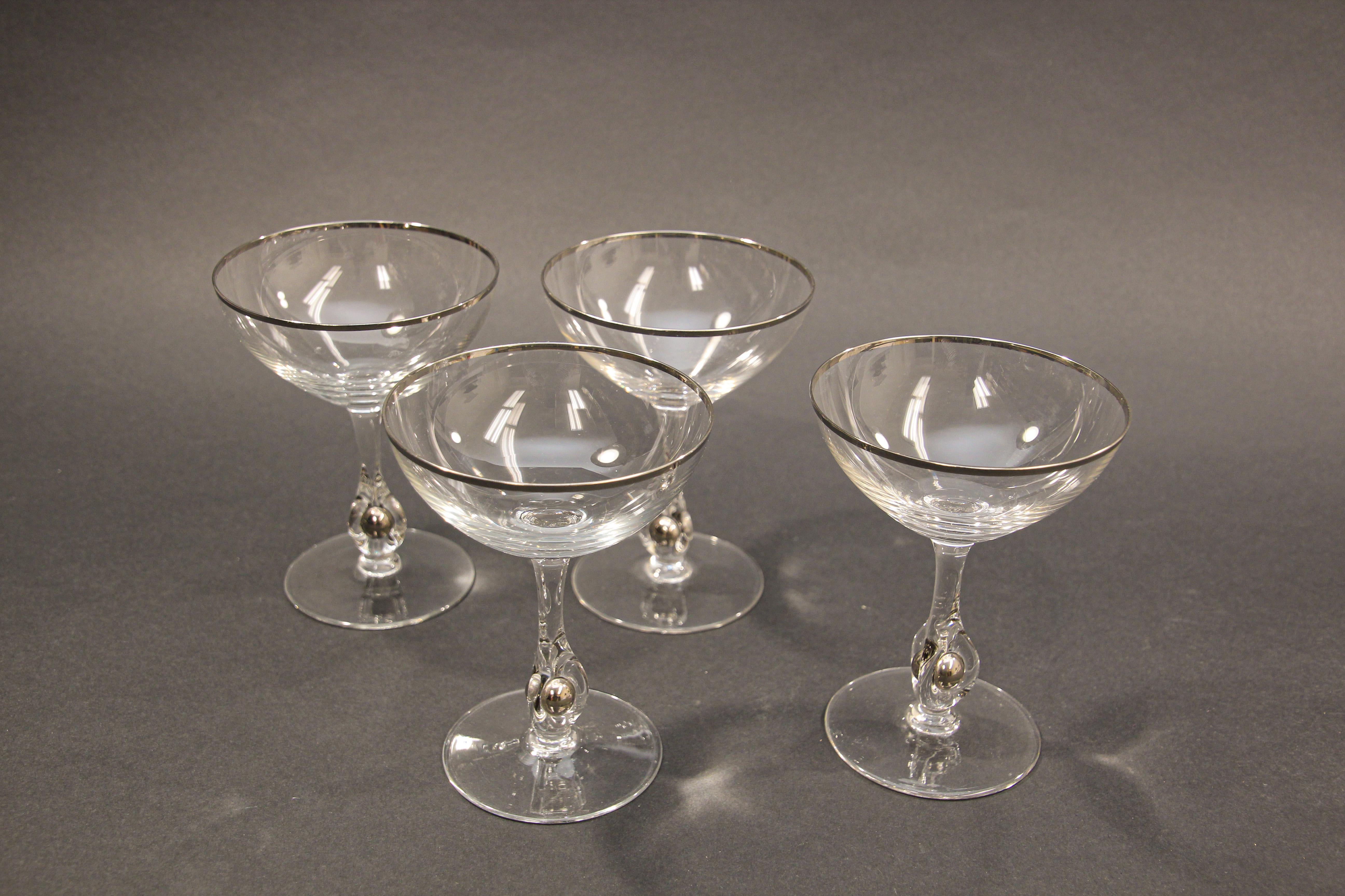 Crystal Footed Champagne Glasses with Silver Rim For Sale 5