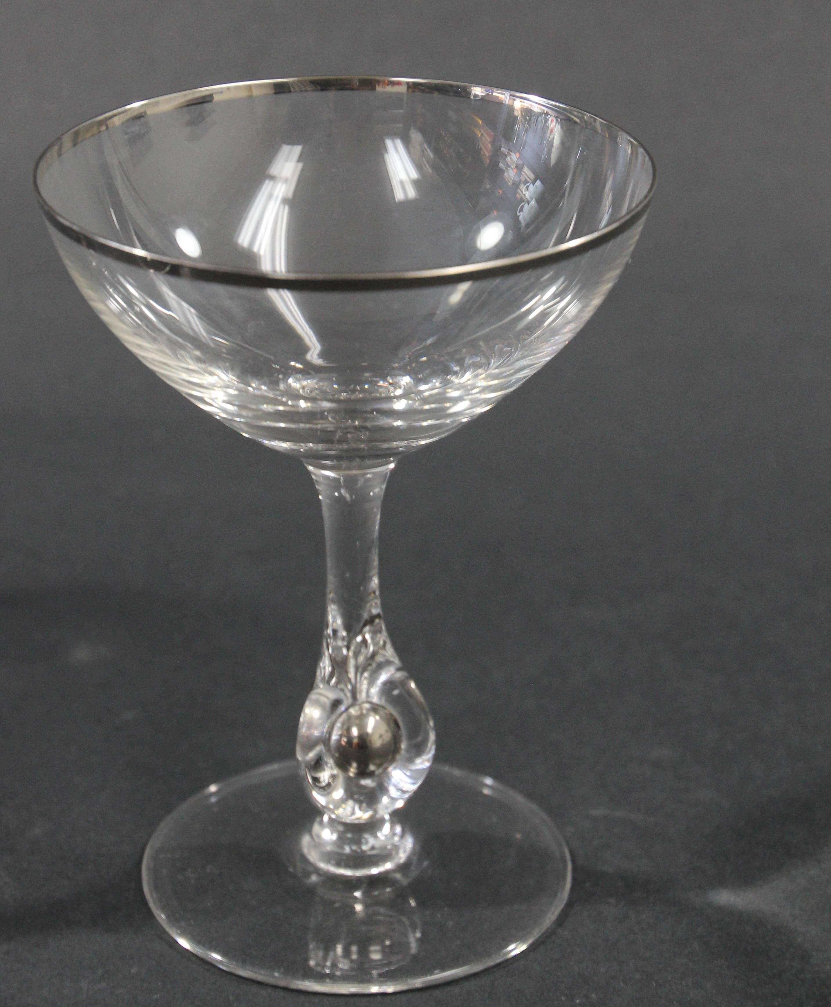 Crystal Footed Champagne Glasses with Silver Rim For Sale 6