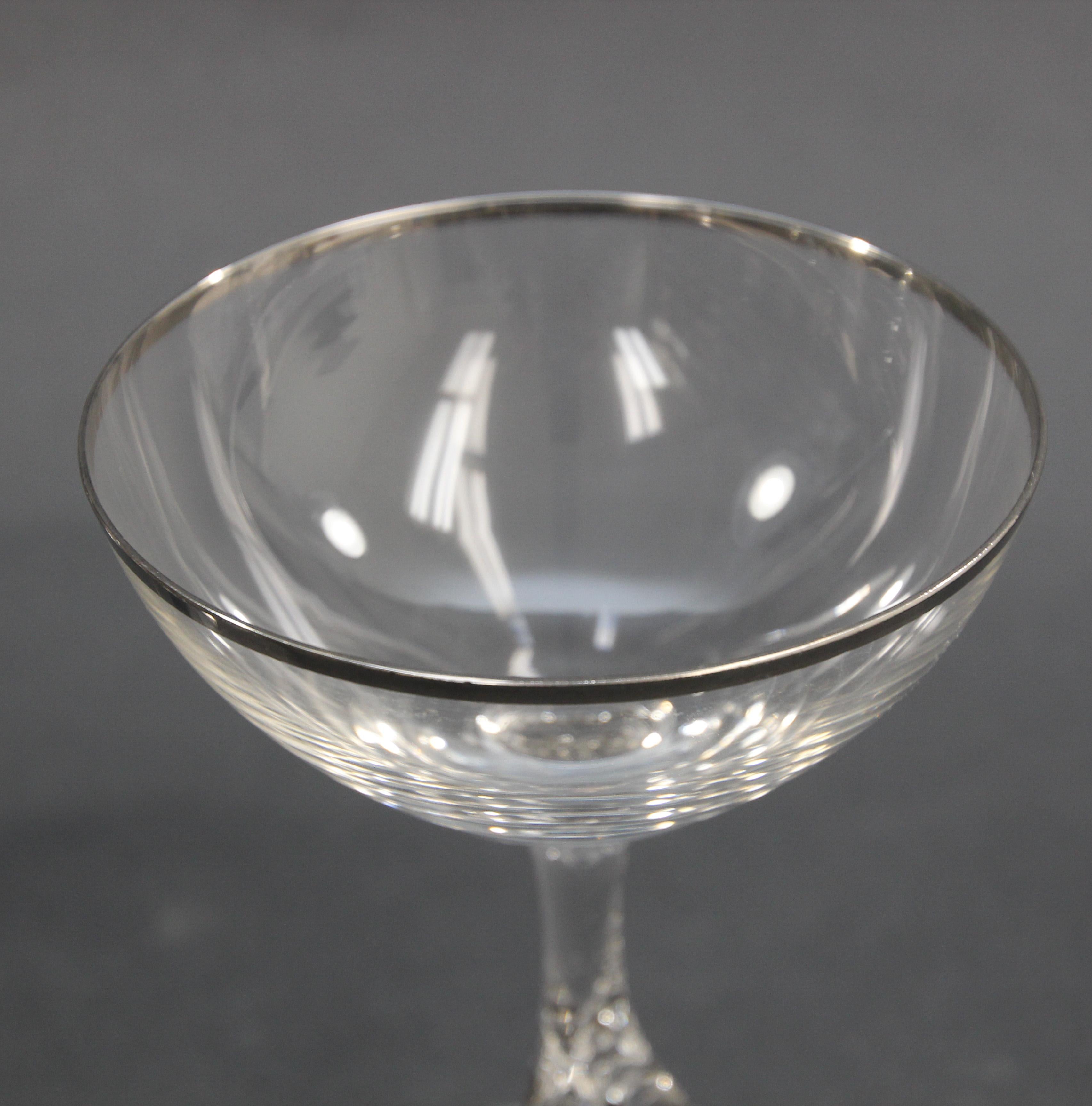 Crystal Footed Champagne Glasses with Silver Rim For Sale 7