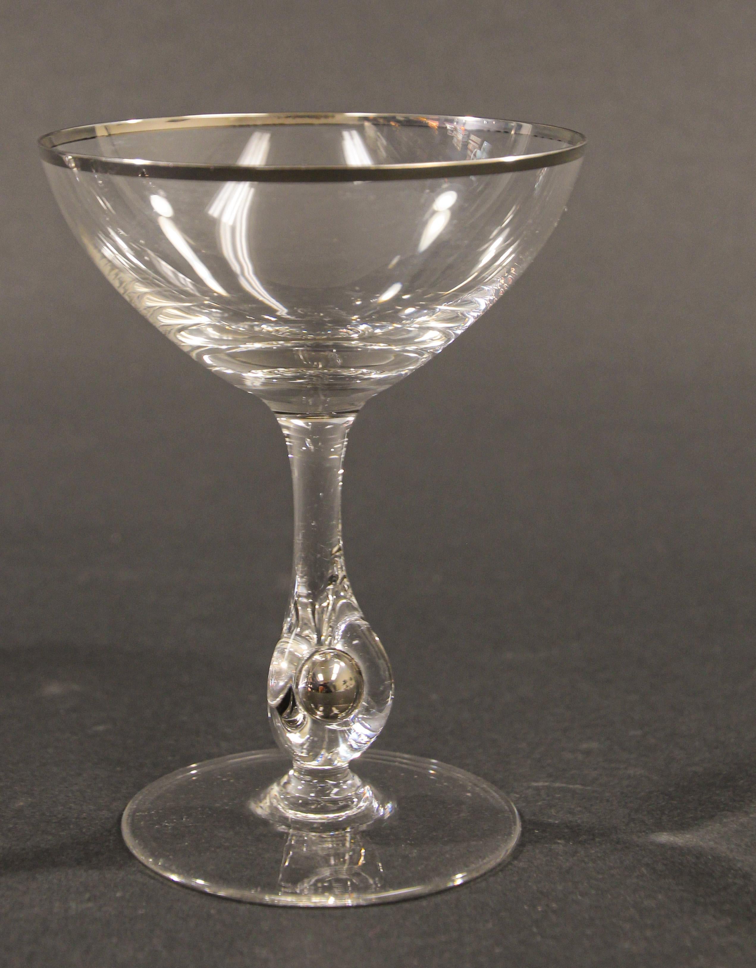 Crystal Footed Champagne Glasses with Silver Rim For Sale 9