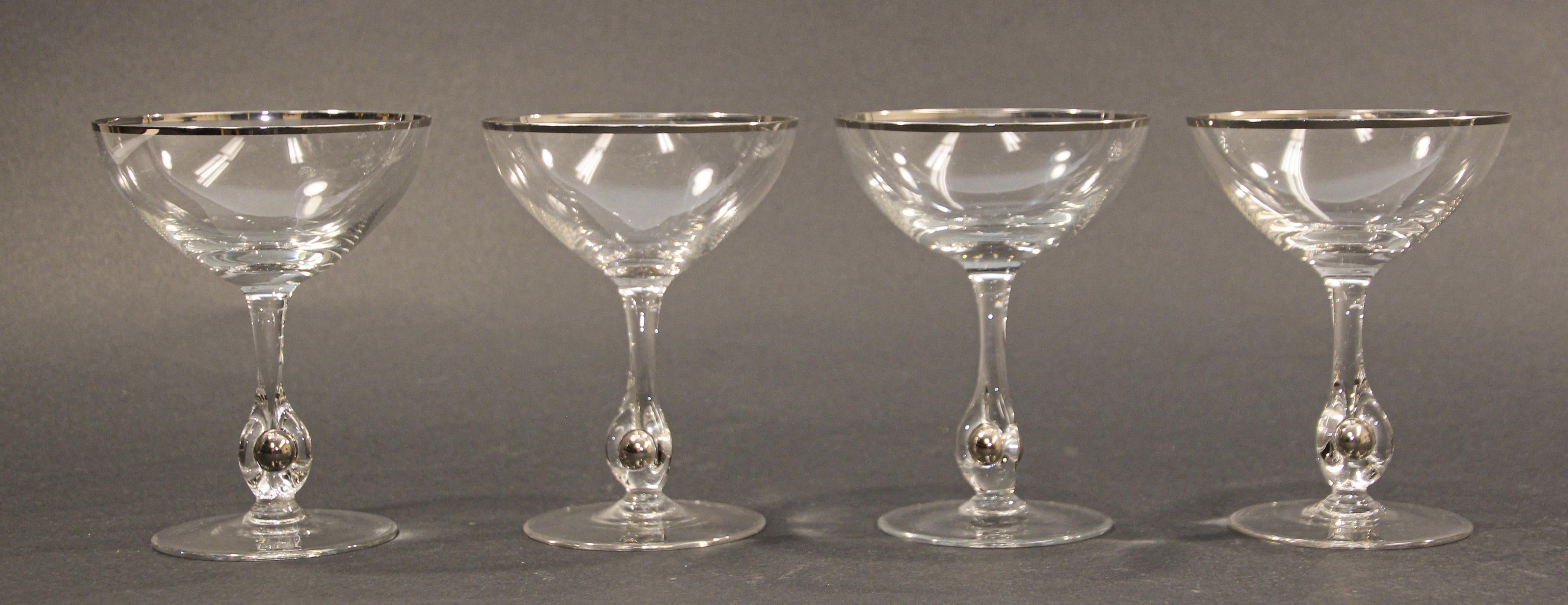 Crystal Footed Champagne Glasses with Silver Rim For Sale 10