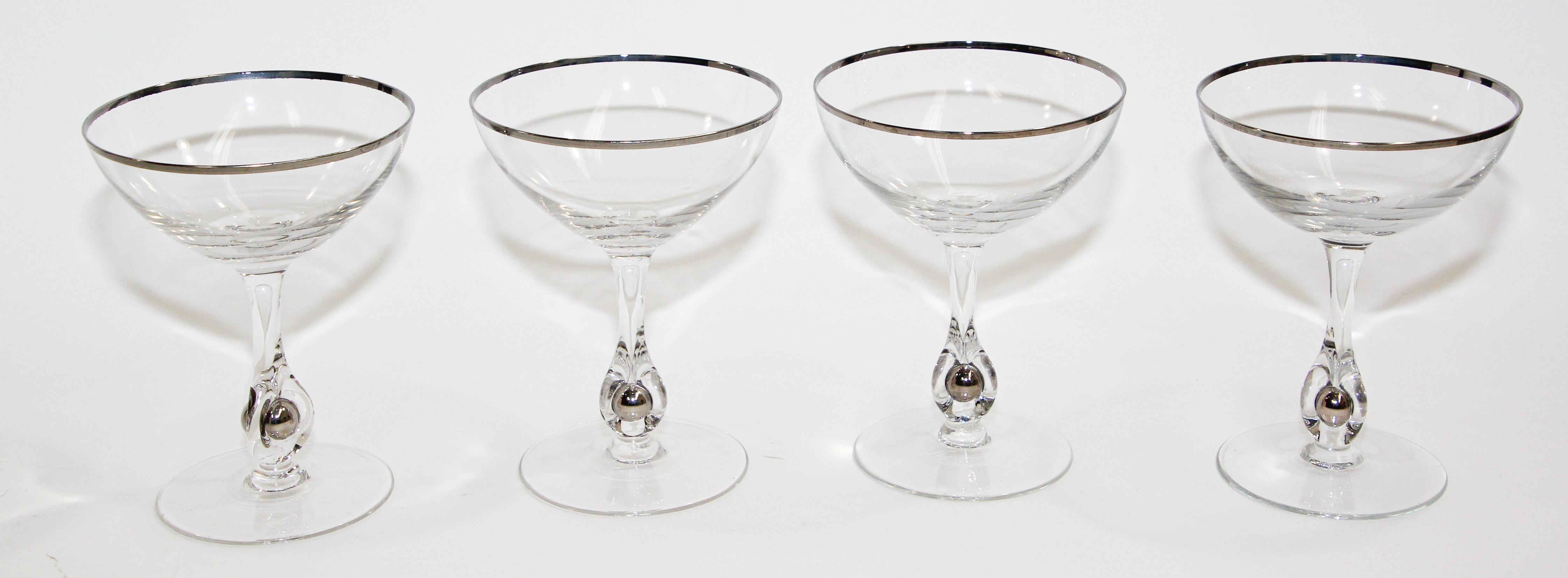 Mid-Century Modern Crystal Footed Champagne Glasses with Silver Rim For Sale