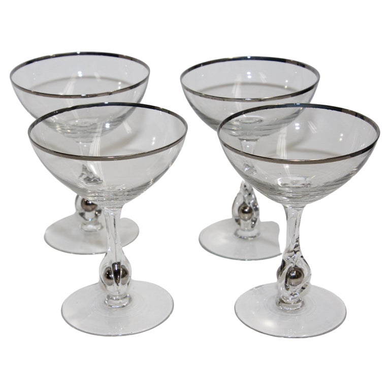 Crystal Footed Champagne Glasses with Silver Rim For Sale at 1stDibs