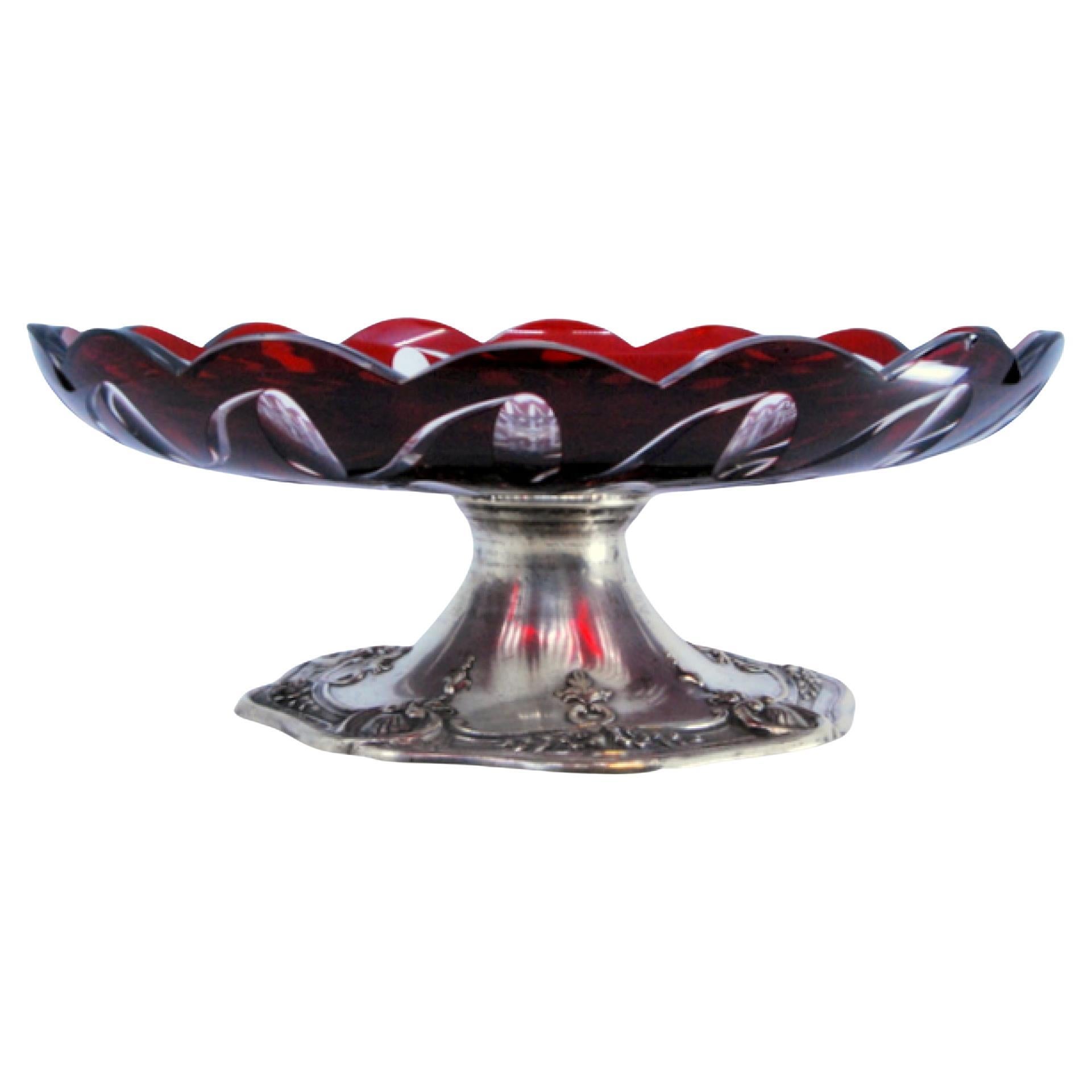 Crystal fruit bowl on silver base with shells, garlands 
florals For Sale
