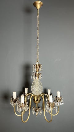 Crystal & Gilt Brass 6 Lights Pineapple Chandelier. French Work. Circa 1960