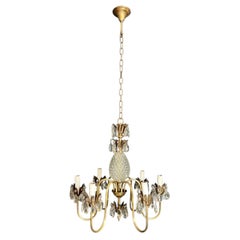 Crystal & Gilt Brass 6 Lights Pineapple Chandelier. French Work. Circa 1960
