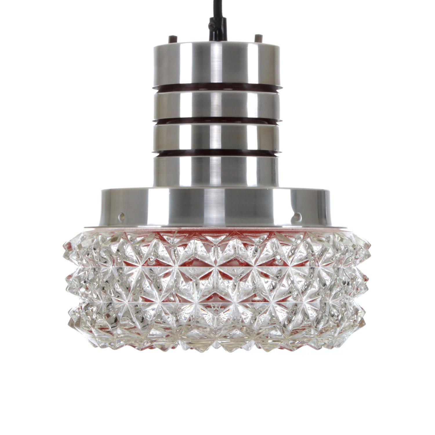 Crystal Glass and Aluminium Lamp, 1960s Scandinavian Hanging Light For Sale