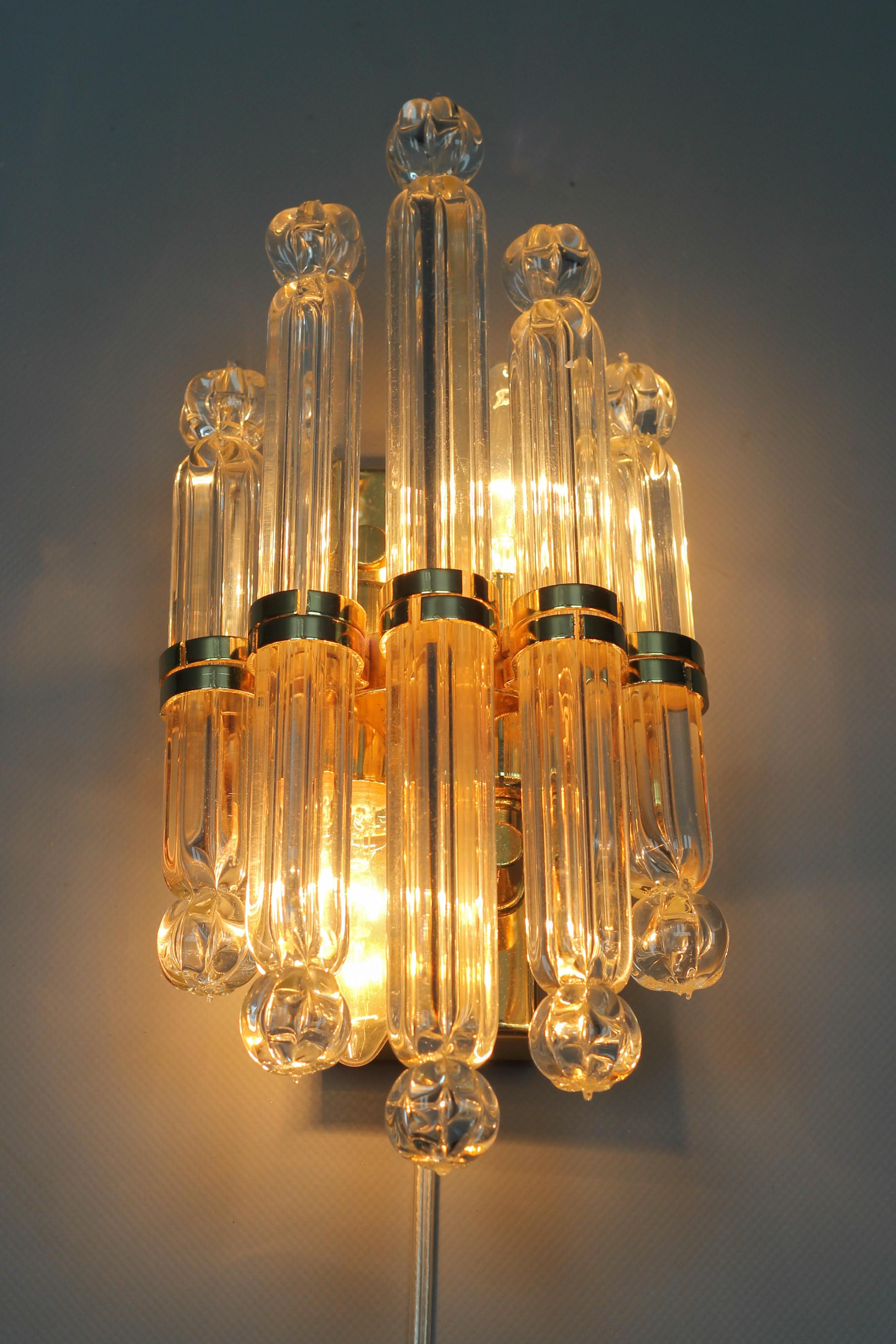 Art Deco Crystal Glass and Brass Wall Lamp by Honsel, Germany For Sale