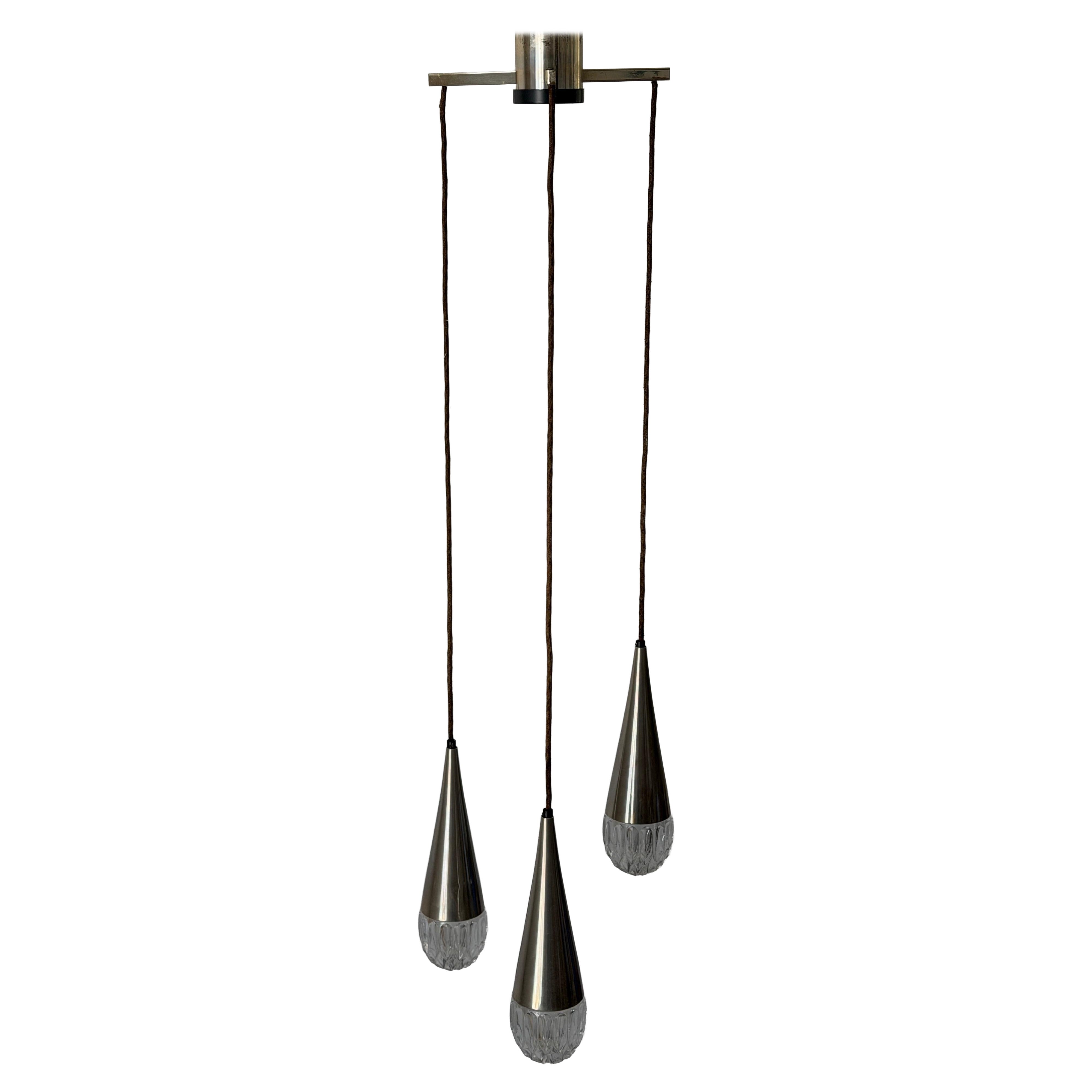 Crystal Glass and Chrome 3 Shade Cascade Pendant Lamp, 1960s, Germany For Sale