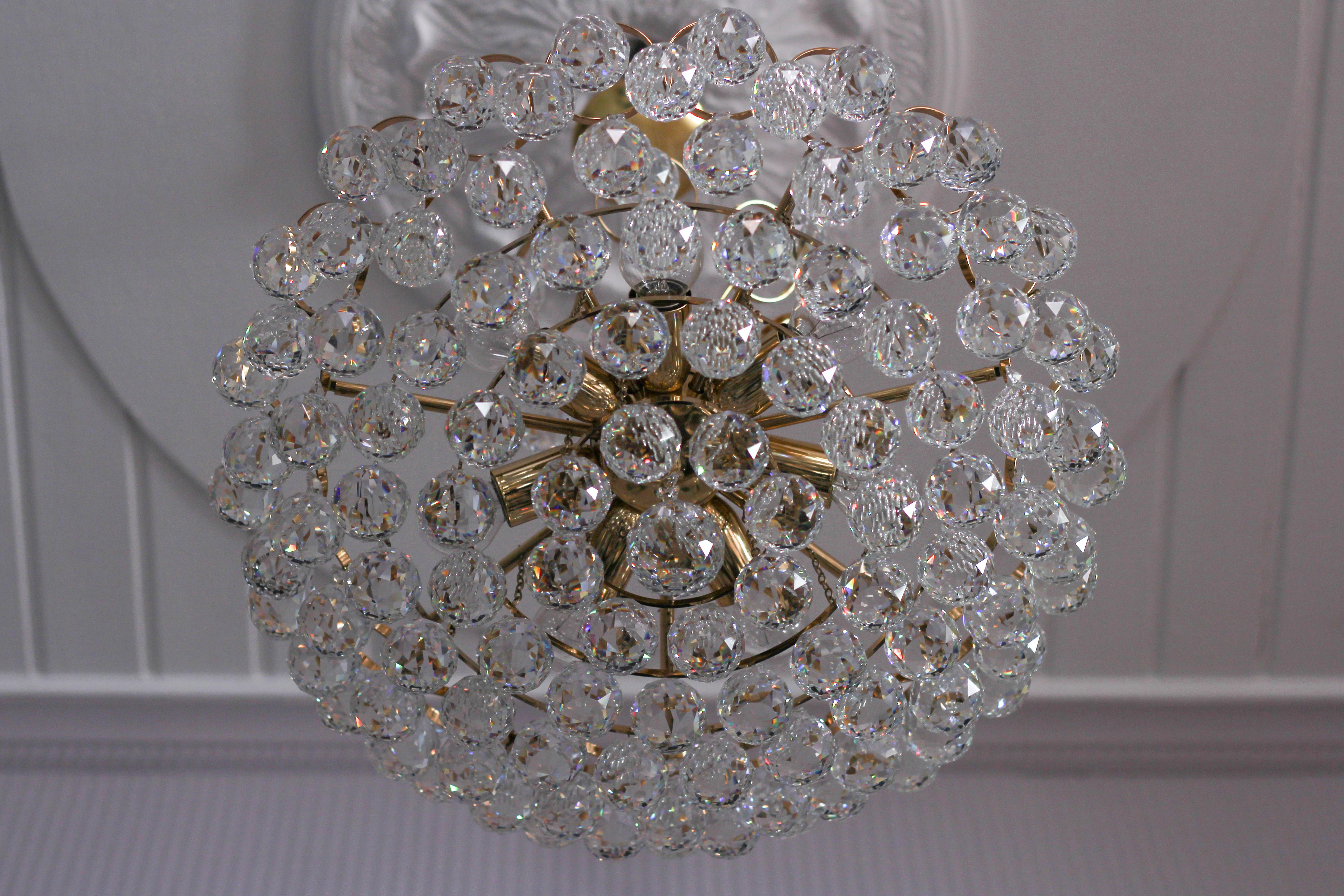 Crystal Glass and Gilt Brass Seven-Light Chandelier, Germany, 1970s For Sale 8