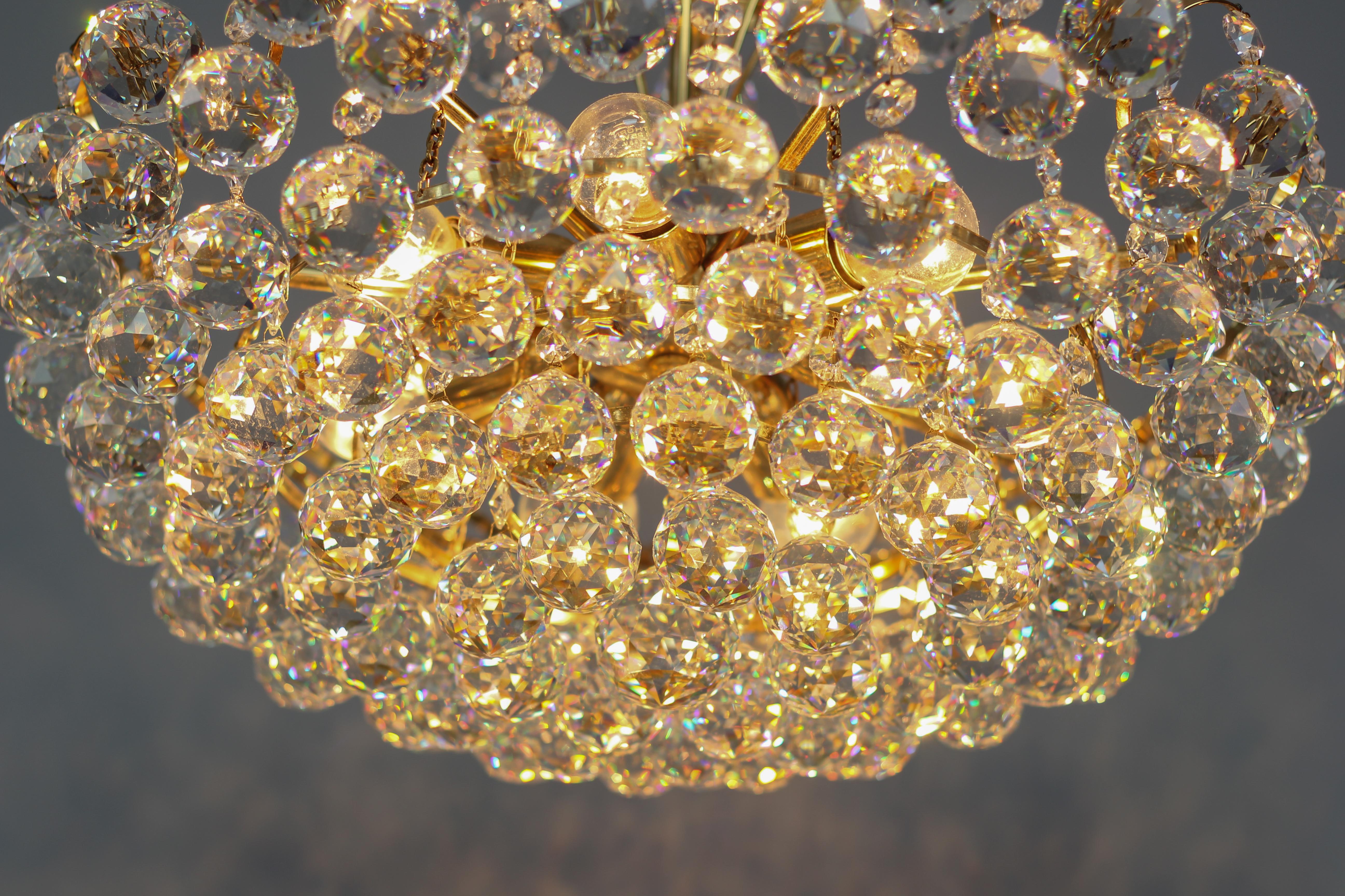 Crystal Glass and Gilt Brass Seven-Light Chandelier, Germany, 1970s For Sale 9