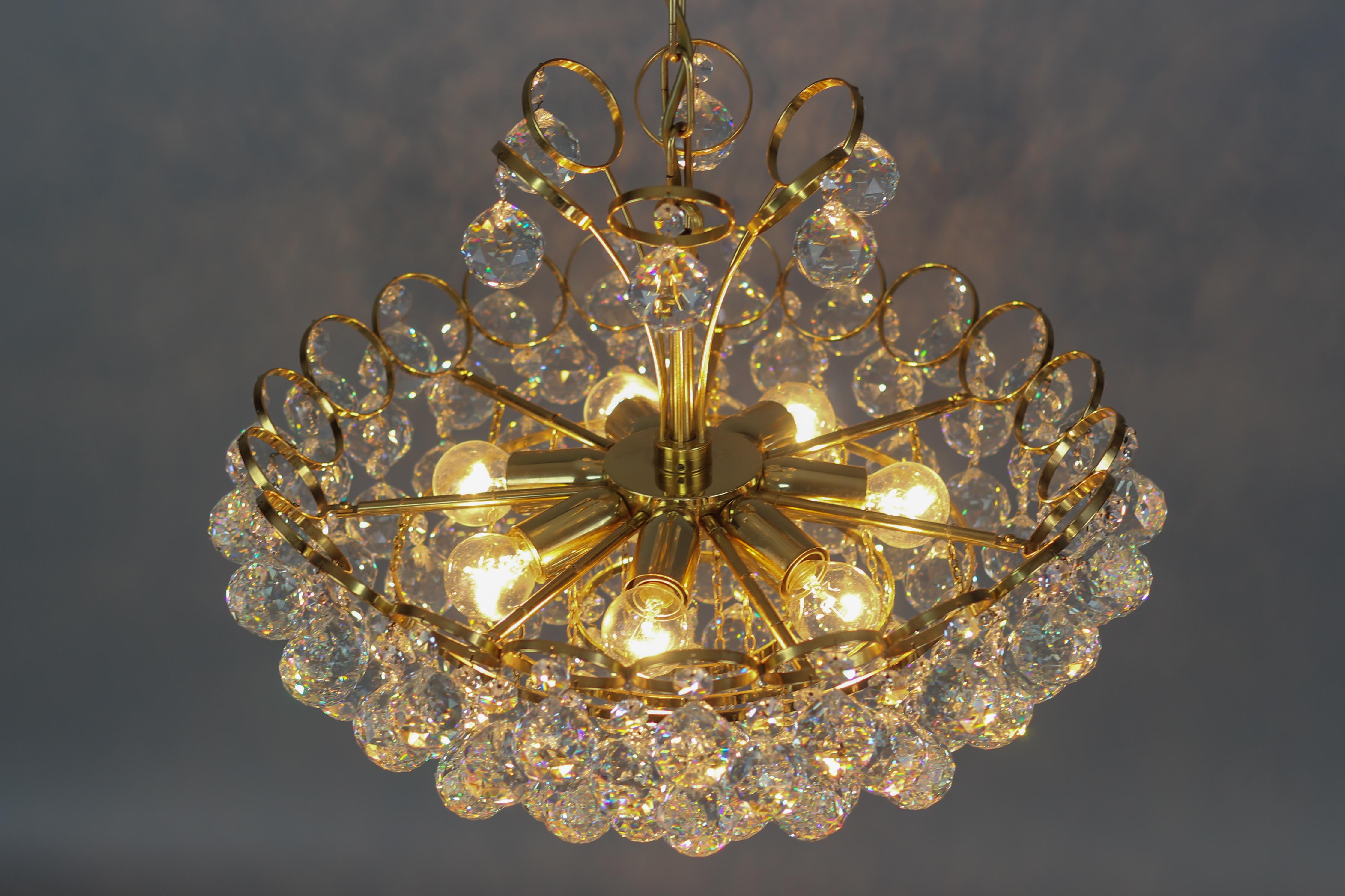 Crystal Glass and Gilt Brass Seven-Light Chandelier, Germany, 1970s For Sale 11