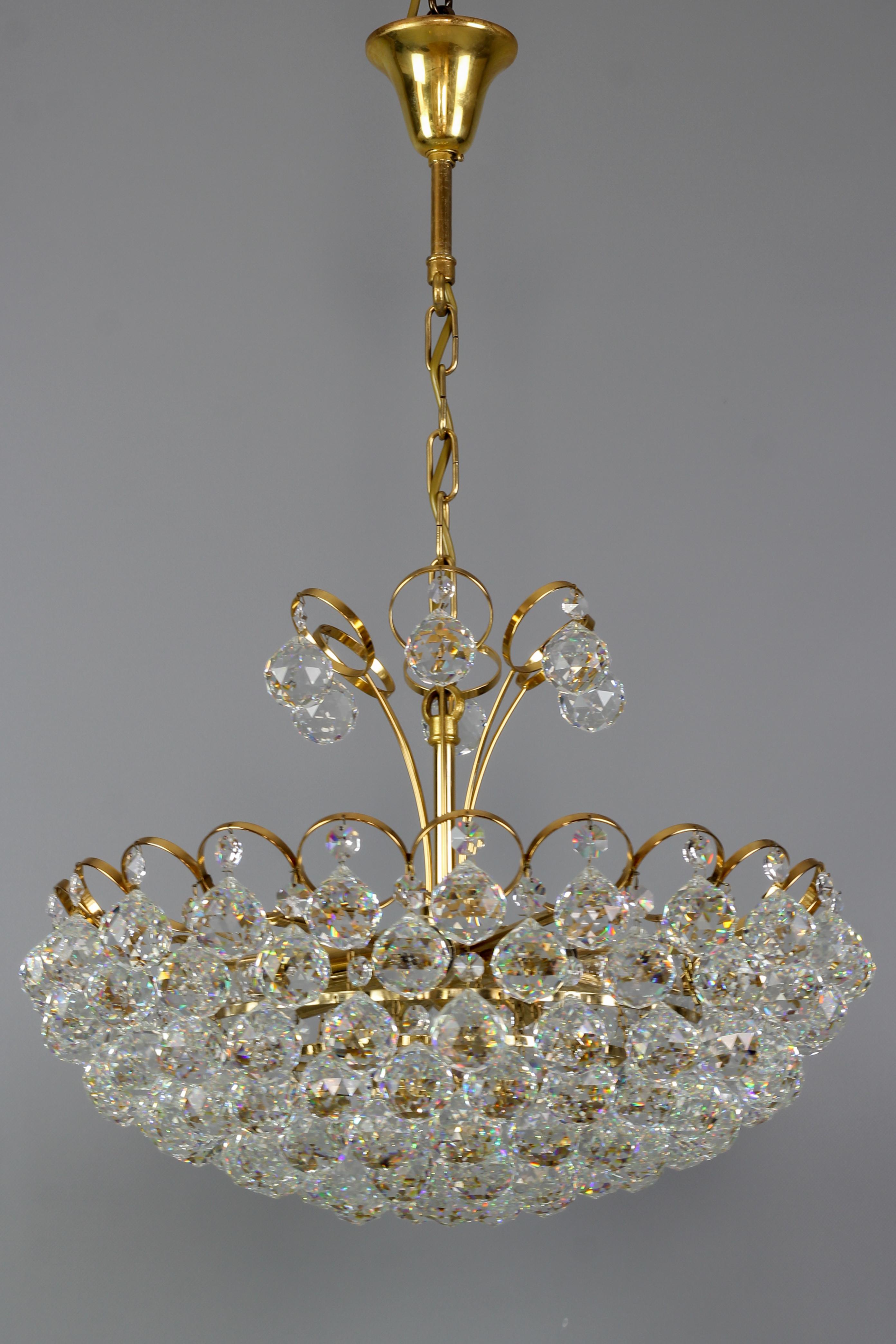 Late 20th Century Crystal Glass and Gilt Brass Seven-Light Chandelier, Germany, 1970s For Sale