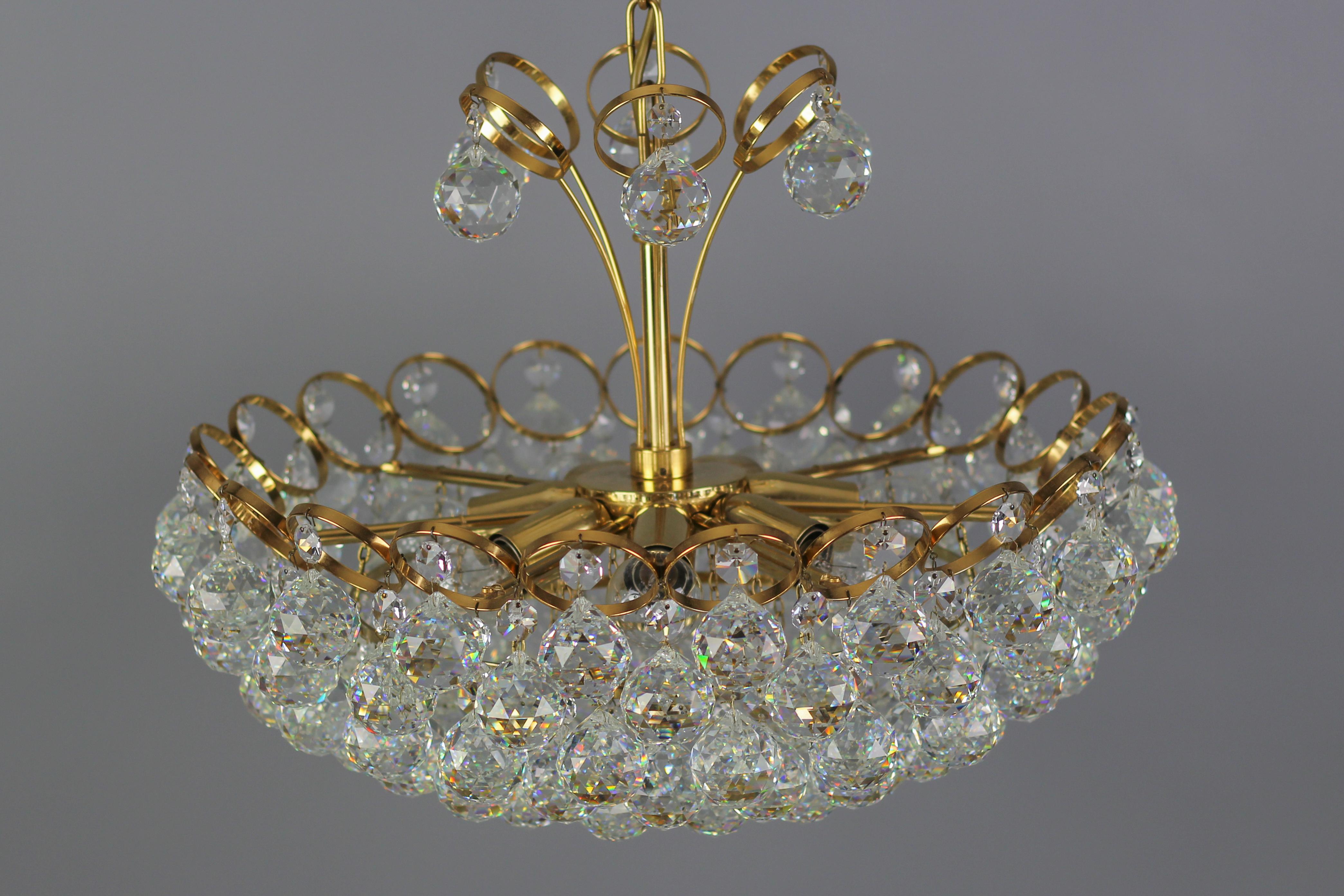 Crystal Glass and Gilt Brass Seven-Light Chandelier, Germany, 1970s For Sale 1