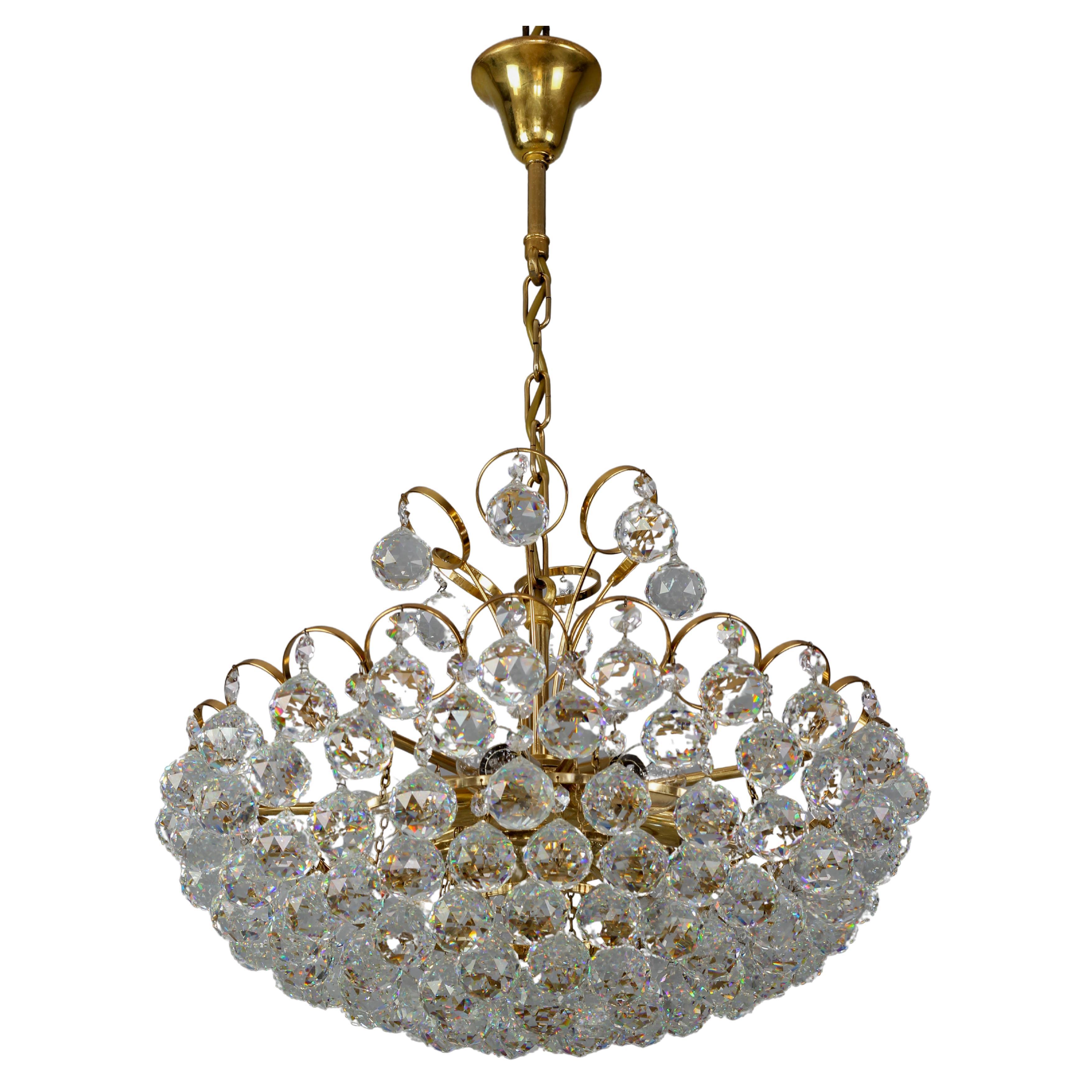 Crystal Glass and Gilt Brass Seven-Light Chandelier, Germany, 1970s For Sale