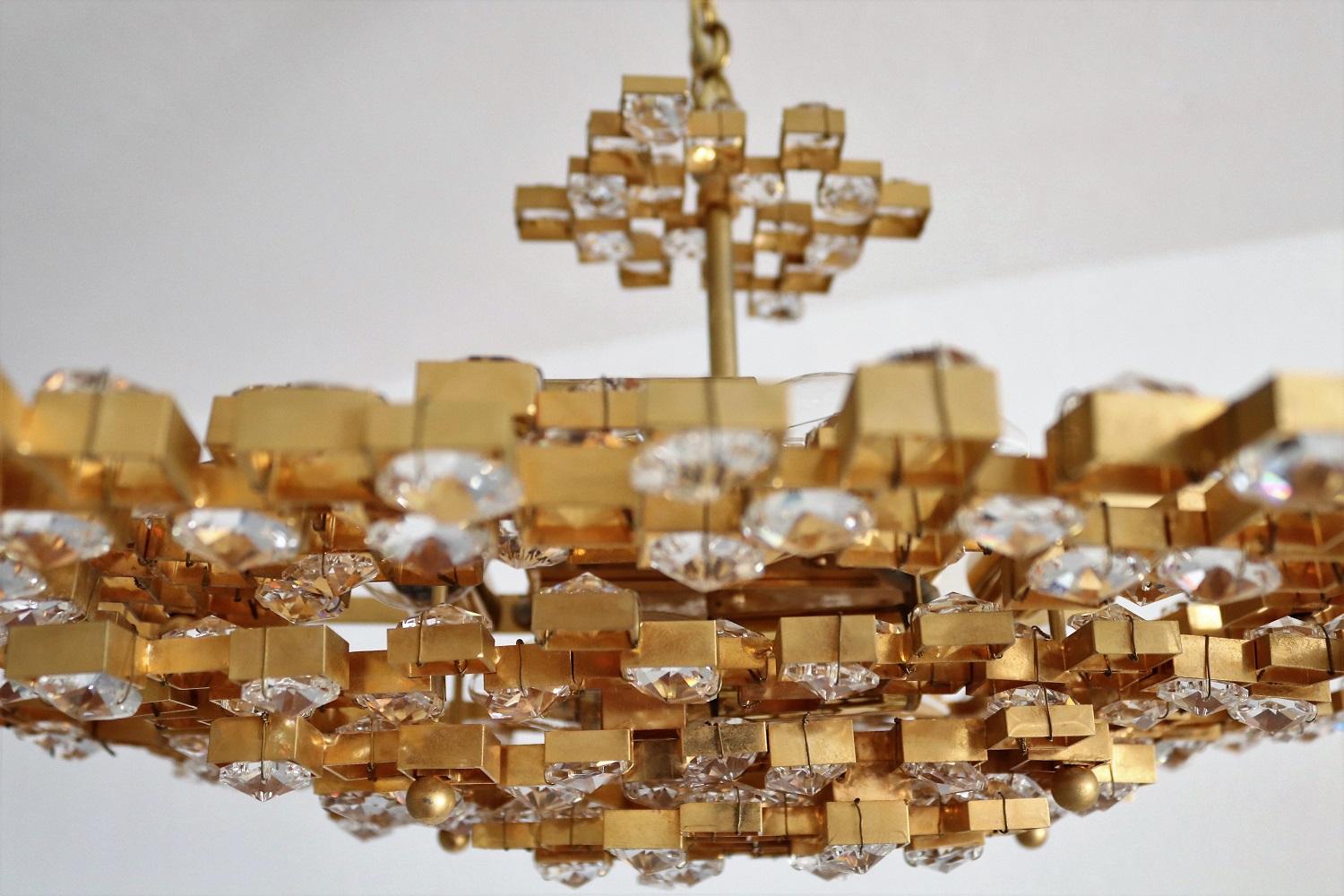 Crystal Glass and Gold Plated Brass Chandelier by Palwa, 1970s 7